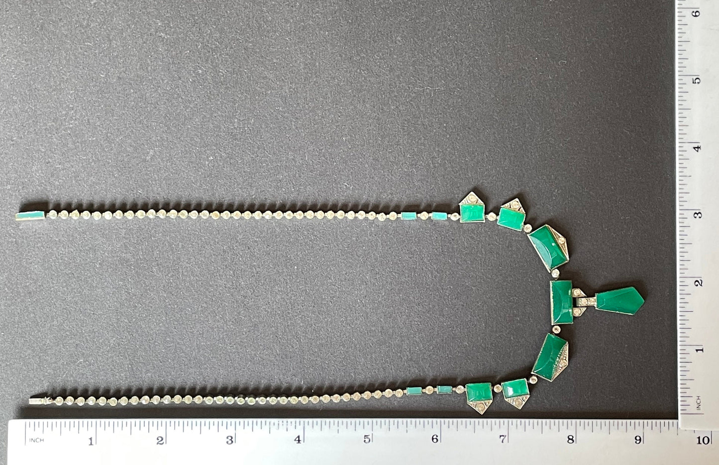 Vintage Art Deco Czech deep green moulded glass and silver tone necklace with collet set clear rhinestones in riviere style