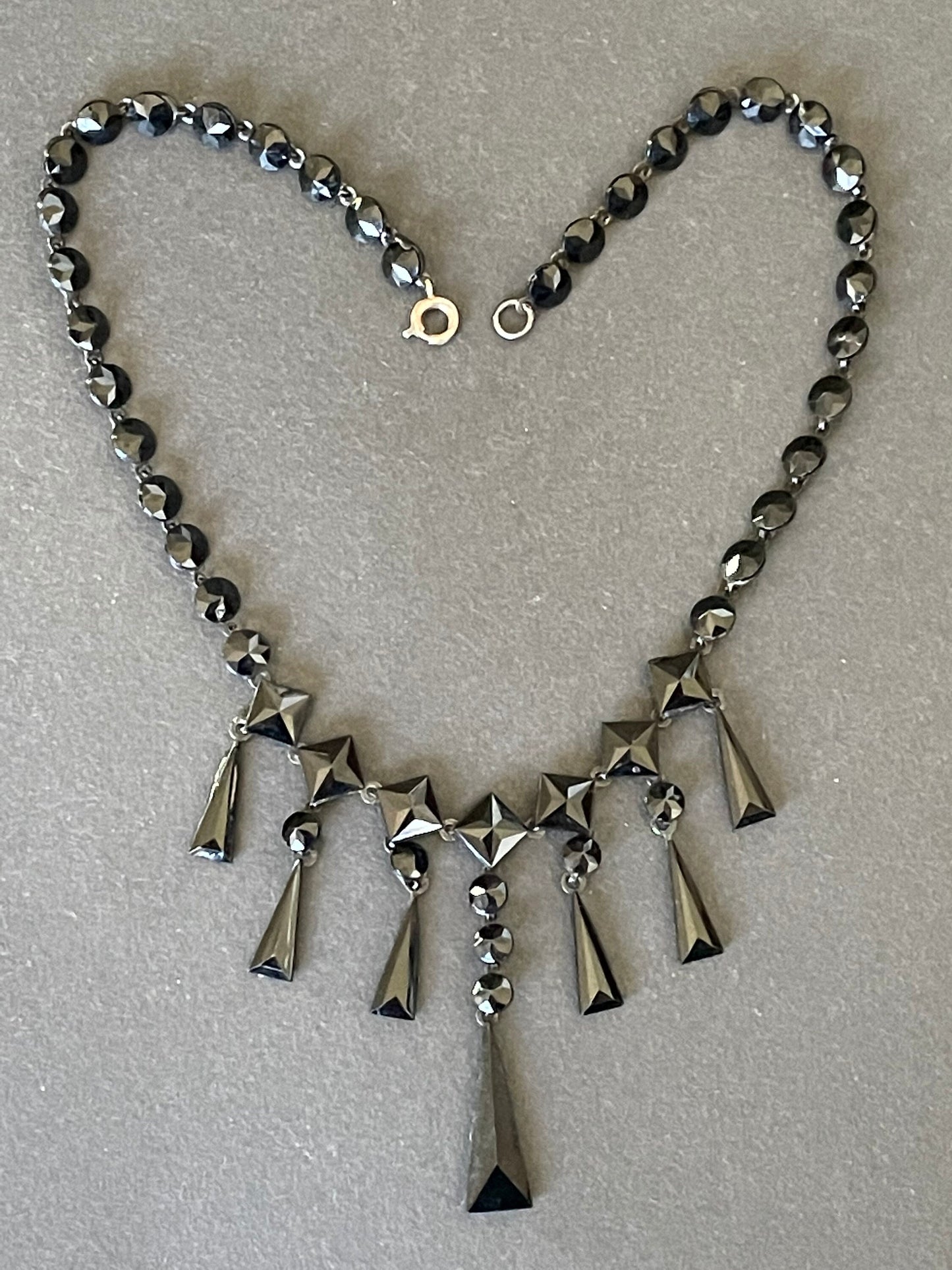 Antique French jet fringe necklace - Victorian Vauxhall glass, black faceted glass jet stones