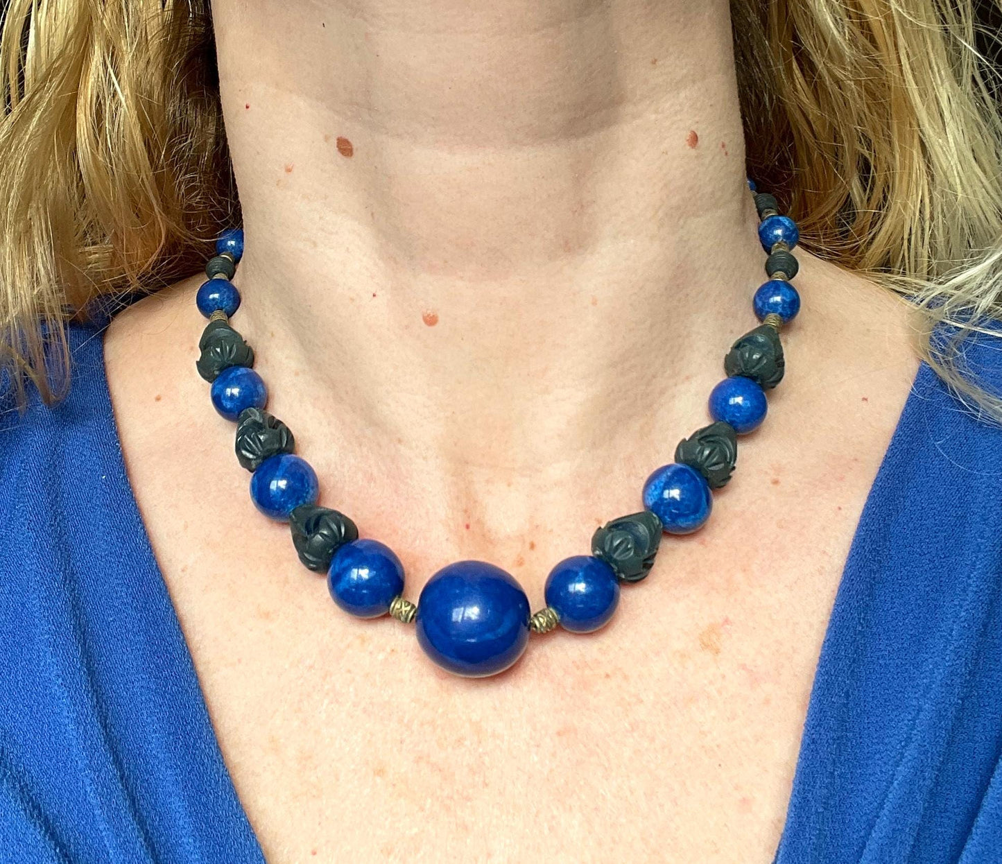 Vintage Louis Rousselet Art Deco bright blue glass, carved galalith and gold tone bead necklace, strung on slim foxtail chain - as seen