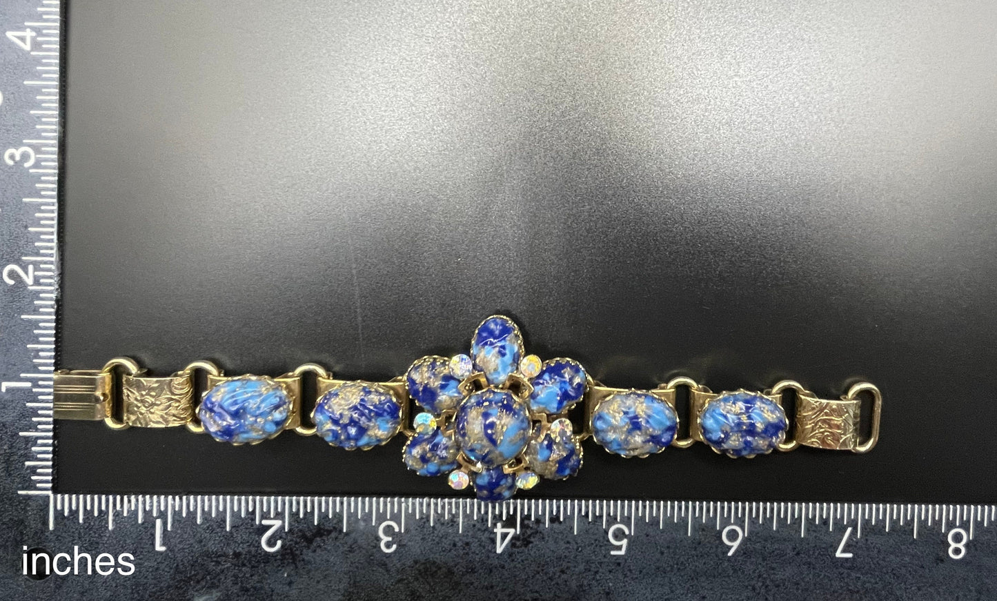 Vintage art glass rhinestone floral bracelet, textured blue and gold glass cabochons, Juliana Delizza and Elster (D&E) or Schreiner style