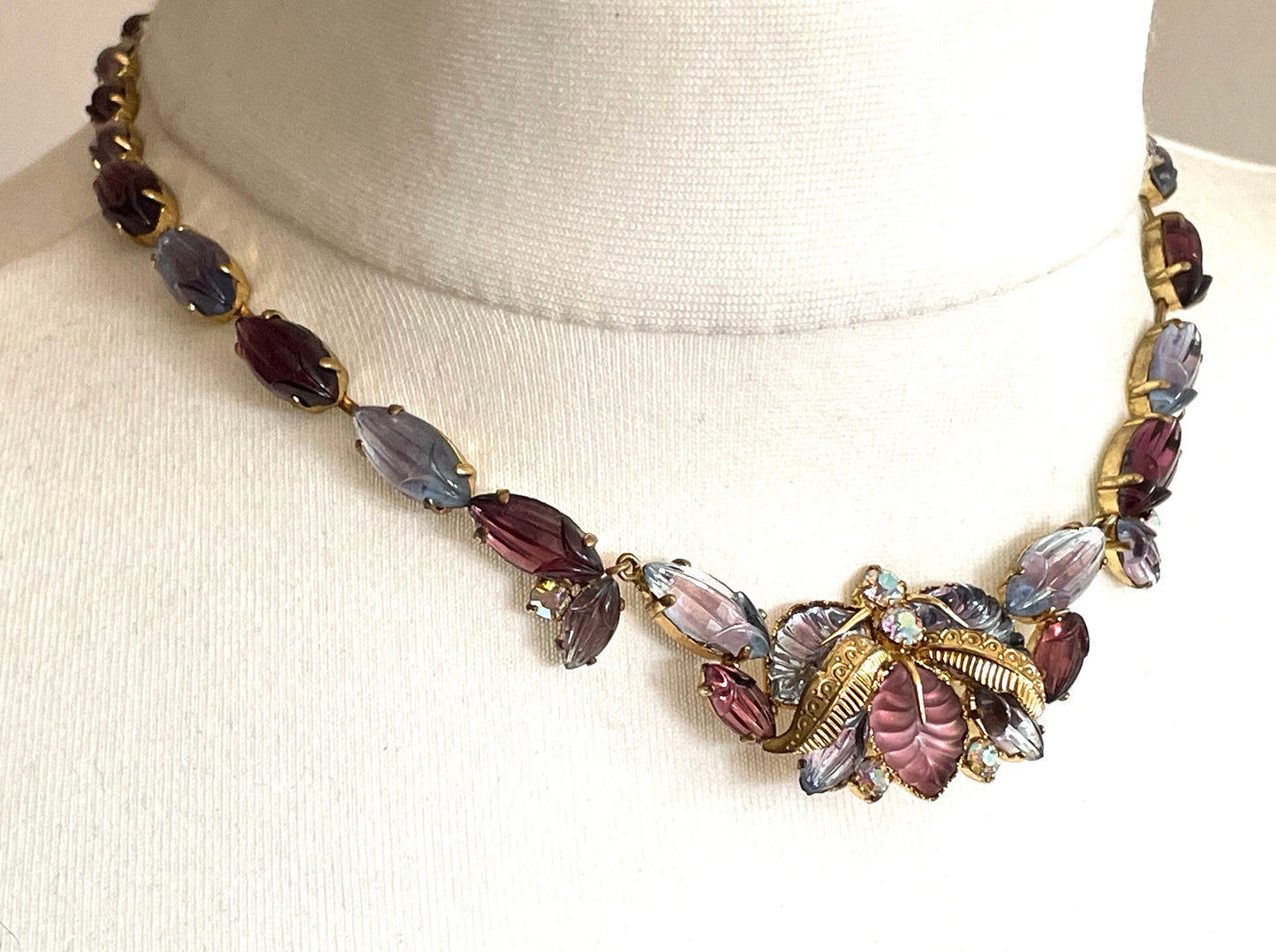 Vintage pink, purple and blue moulded / poured glass and rhinestone necklace with bi-colour stones, tutti frutti style, flower and leaf