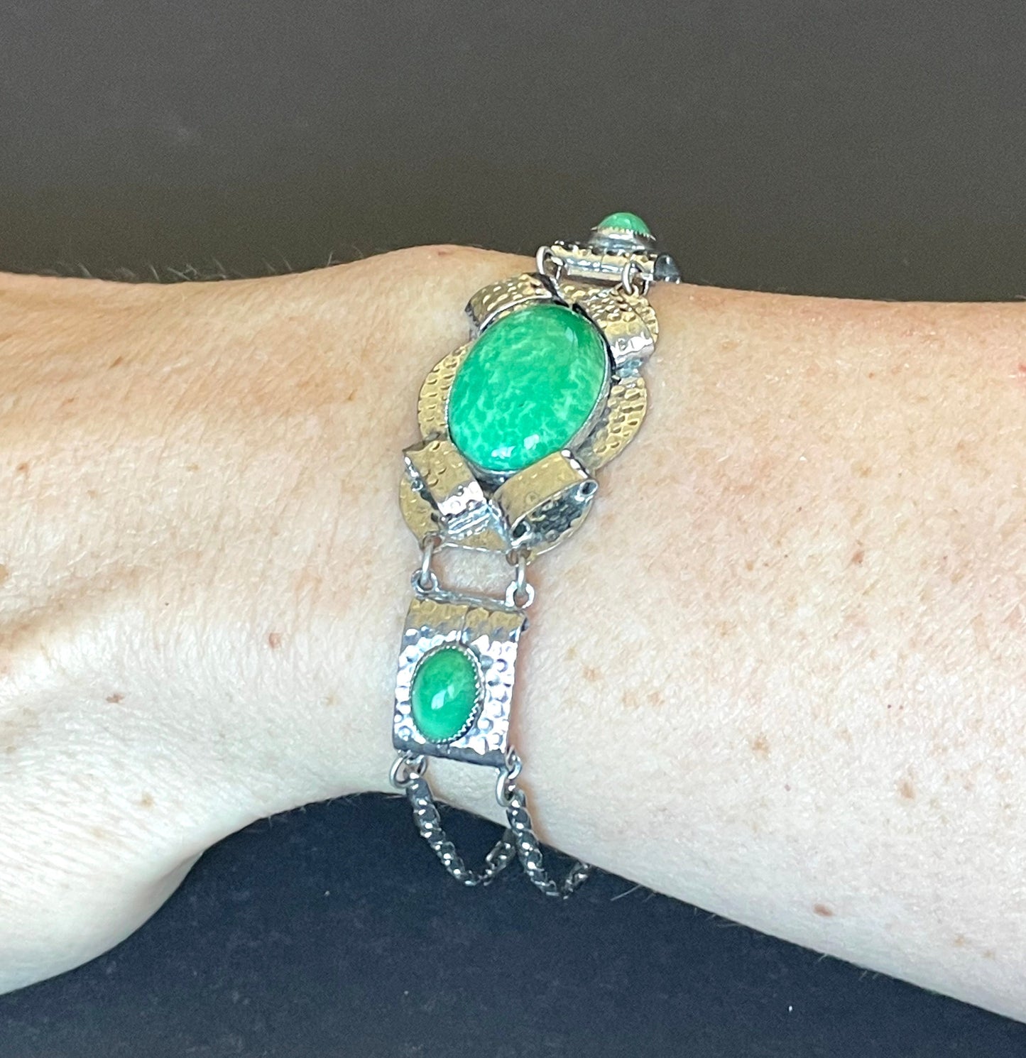 Vintage Jakob Bengel Art Deco machine age, green ' Peking glass ' cabochon hammered chrome bracelet