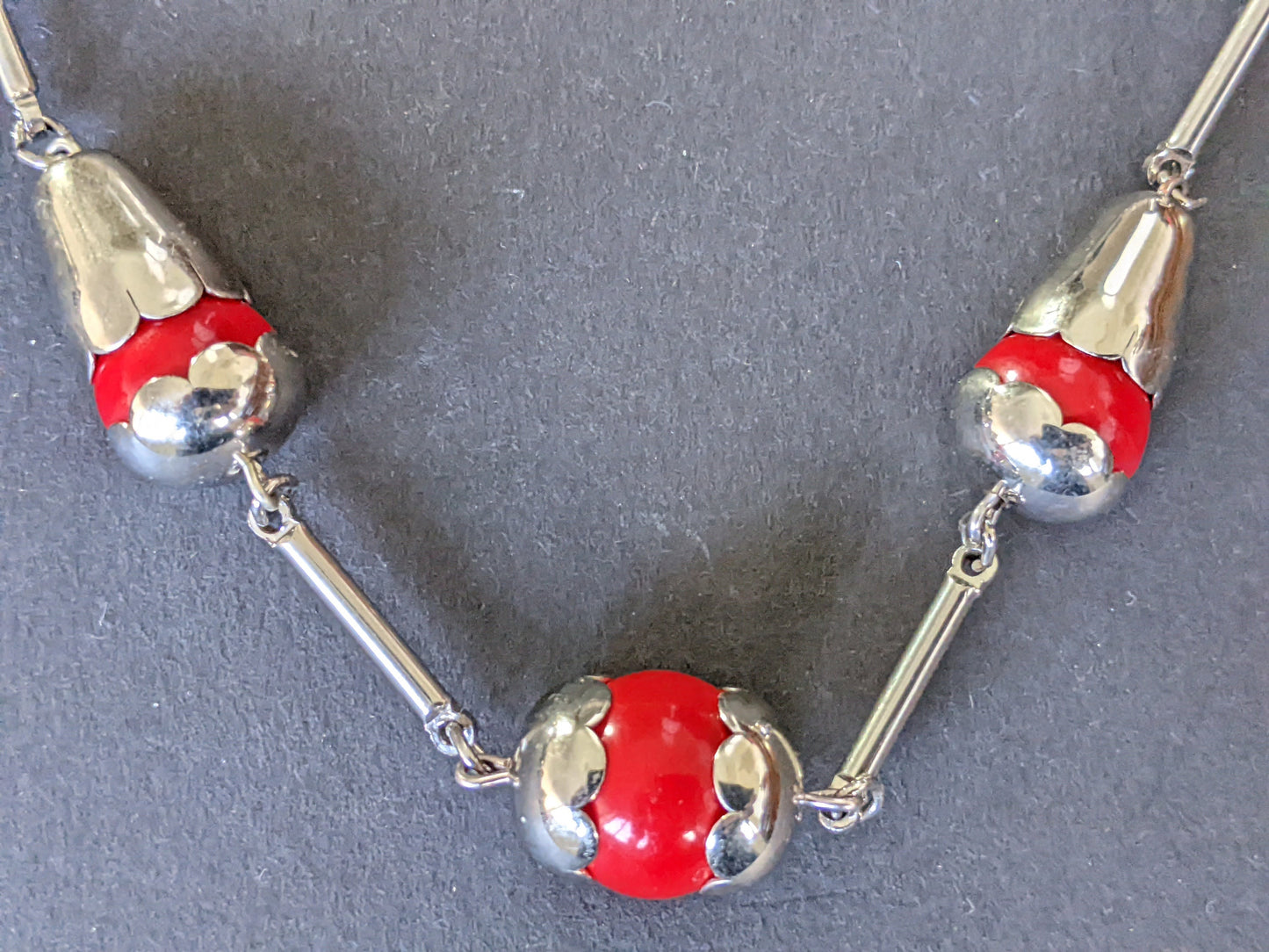 Vintage Jakob Bengel Art Deco machine age silver tone / chrome and bright red galalith bead chunky geometric statement necklace