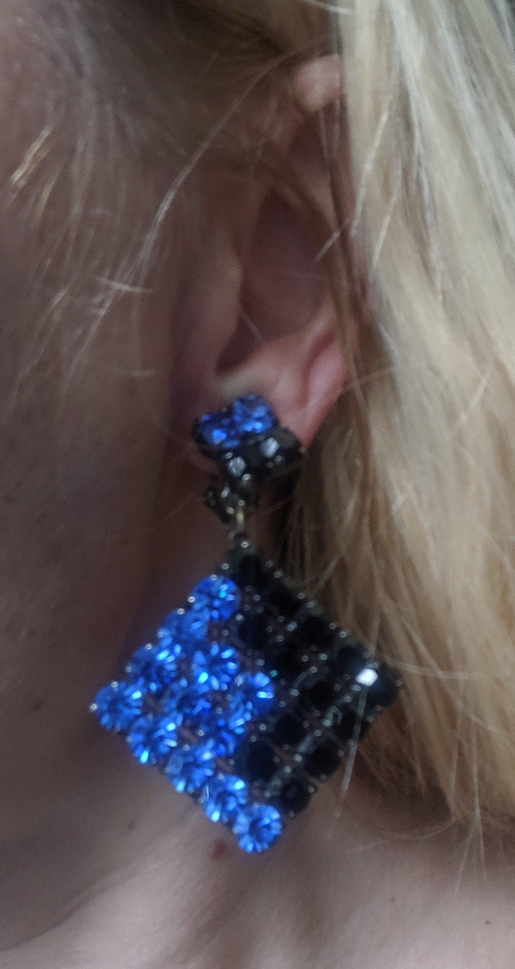 Vintage huge Butler and  Wilson 1980s signed B&W electric blue and black rhinestone and darkened silver tone statement clip on earrings