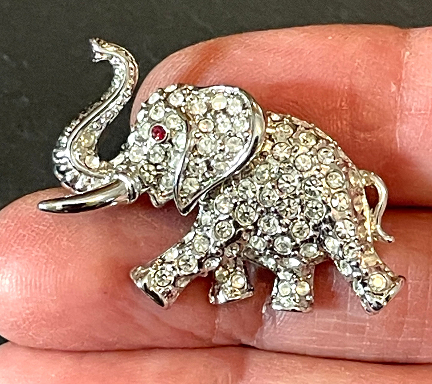 Vintage signed Attwood and Sawyer A&S silver tone rhodium plated and rhinestone elephant brooch, so adorable