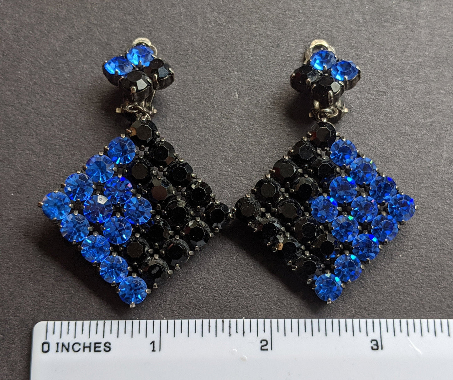 Vintage huge Butler and  Wilson 1980s signed B&W electric blue and black rhinestone and darkened silver tone statement clip on earrings