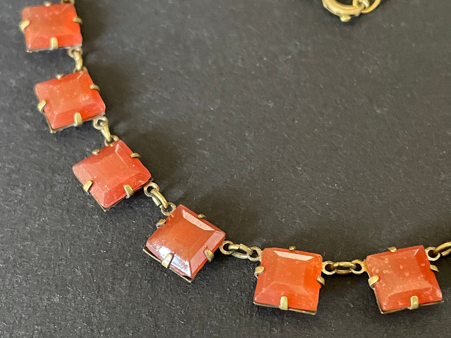 Vintage Art Deco uranium glass Carnelian coloured square stone riviere necklace, bezel set, open backed, vibrant orange and gold tone