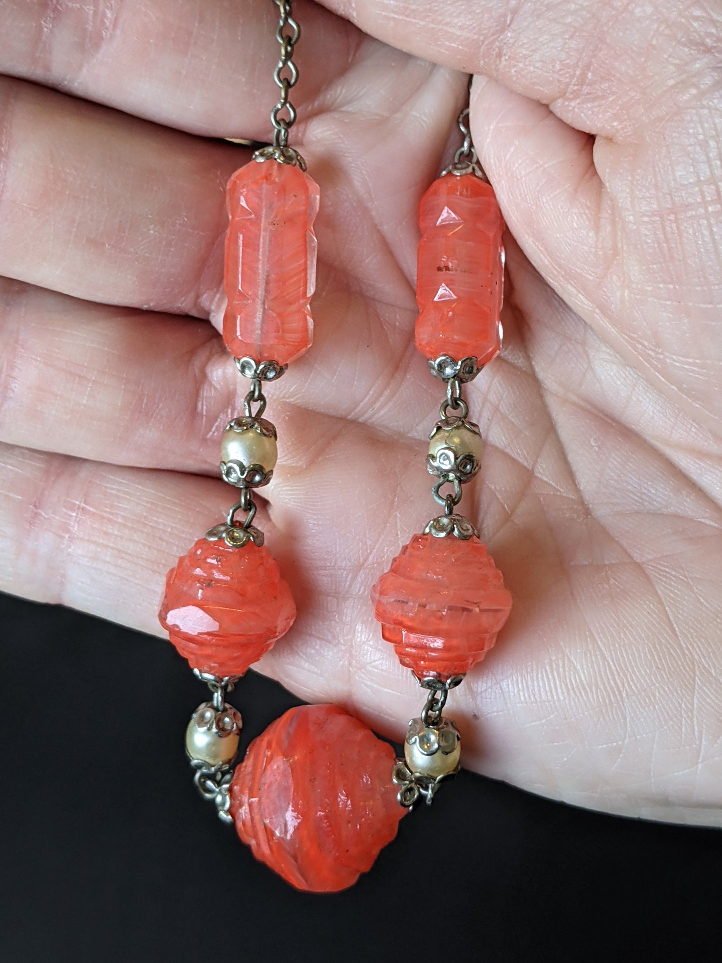 Vintage Art Deco orange Carnelian coloured moulded glass large bead necklace, with glass pearls set in gold tone