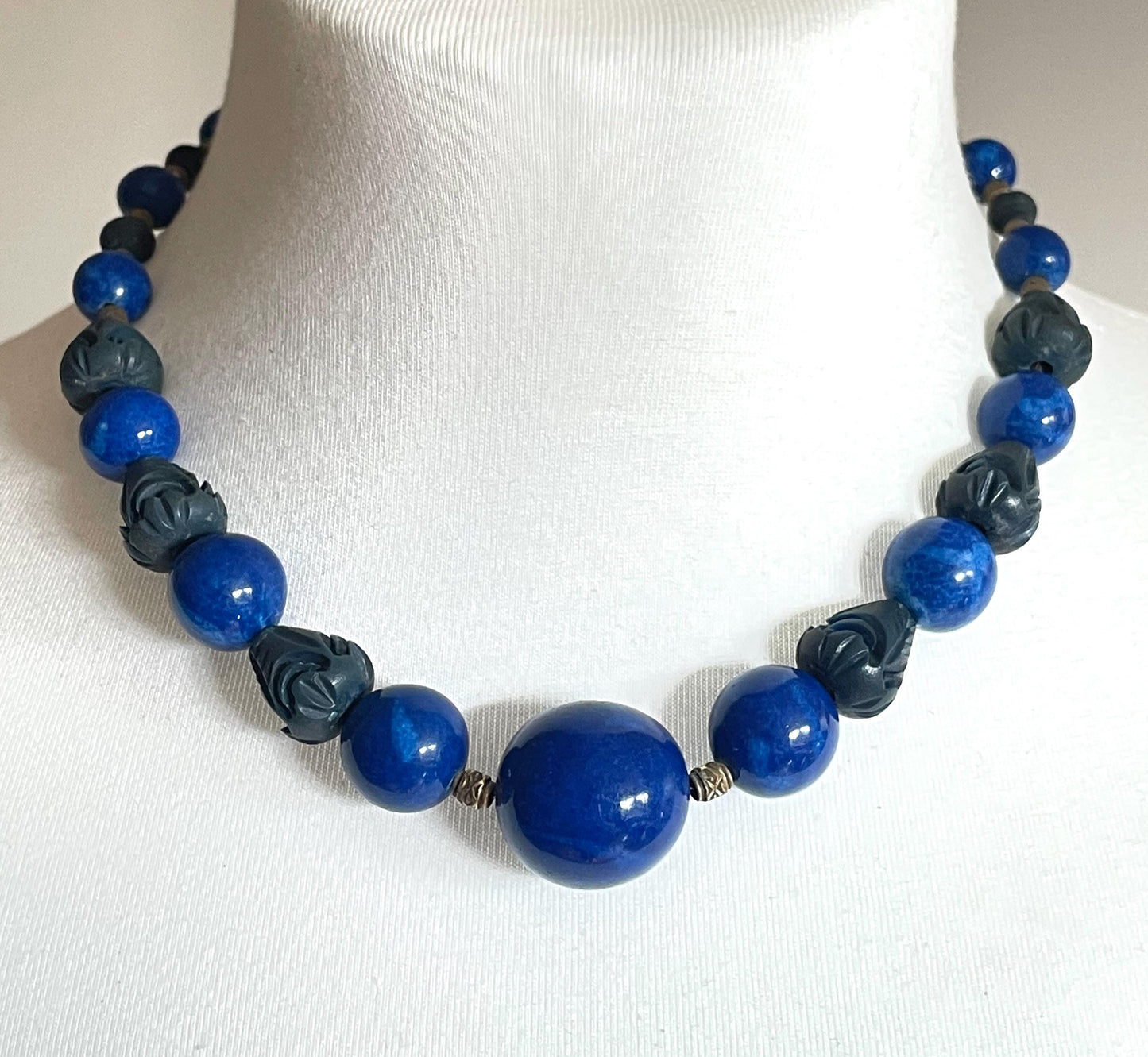 Vintage Louis Rousselet Art Deco bright blue glass, carved galalith and gold tone bead necklace, strung on slim foxtail chain - as seen