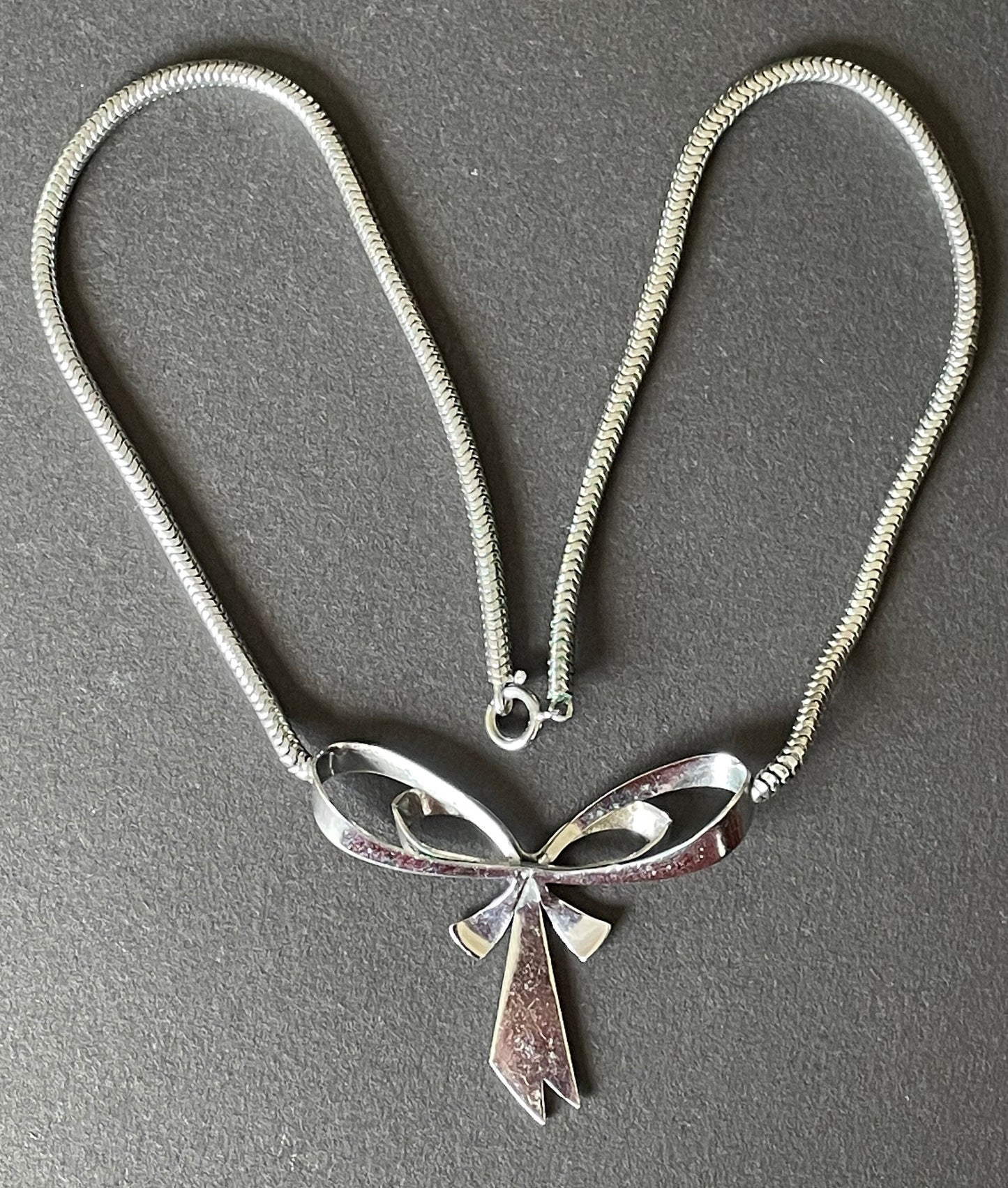 Vintage Jakob Bengel Art Deco machine age chrome snake chain bow necklace