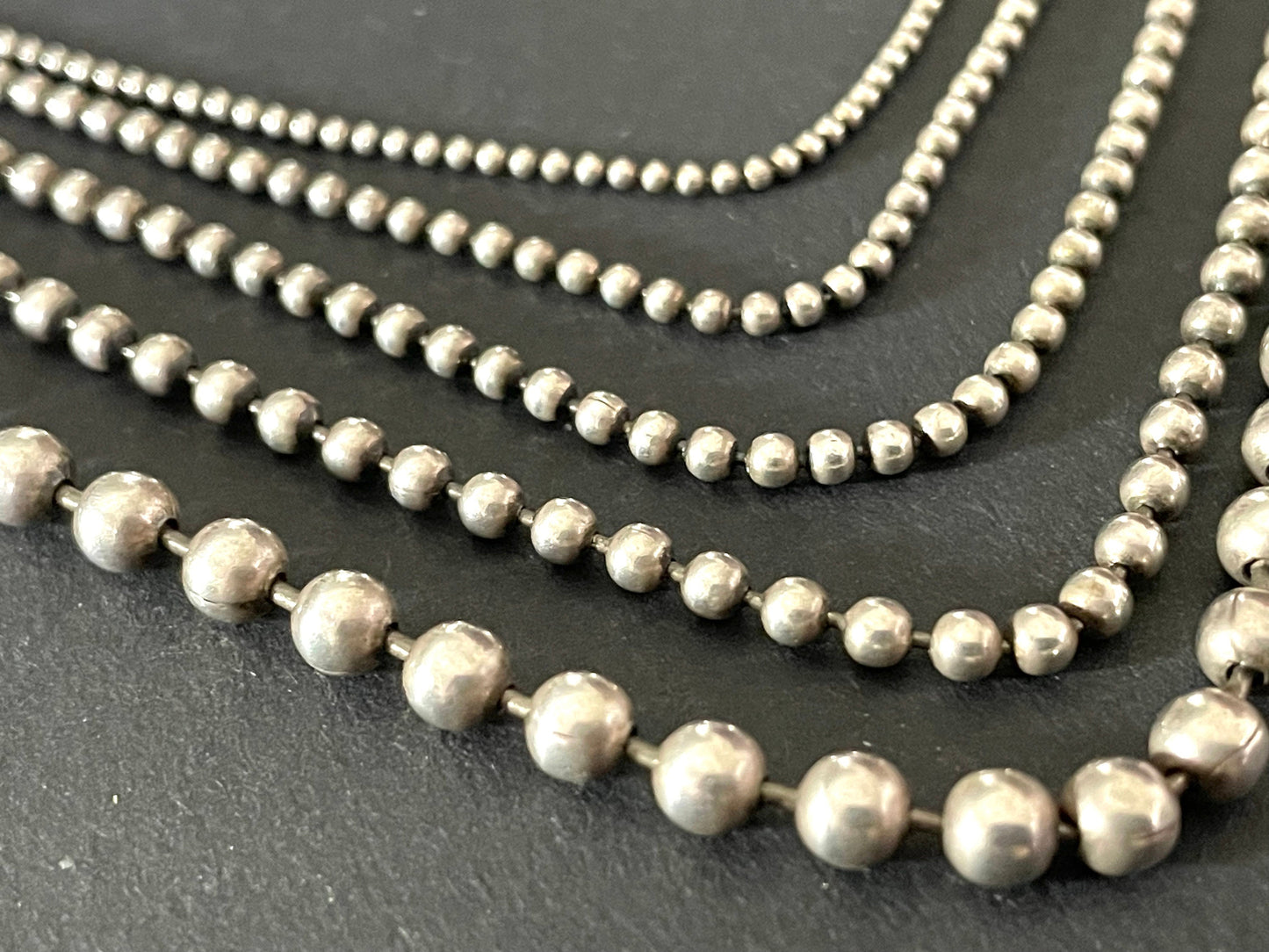 Beautiful vintage sterling silver, Art Deco style geometric and ball chain multi strand necklace, 44 grams