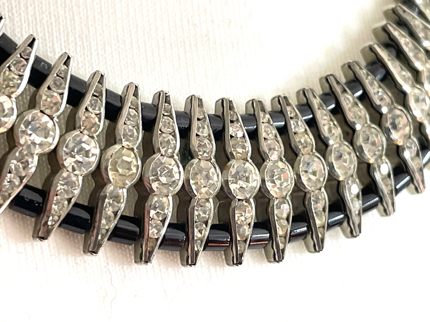 Vintage unsigned Esha Randel / Schreiber & Hiller DRGM Art Deco chrome, paste rhinestone and black galalith geometric machine age necklace