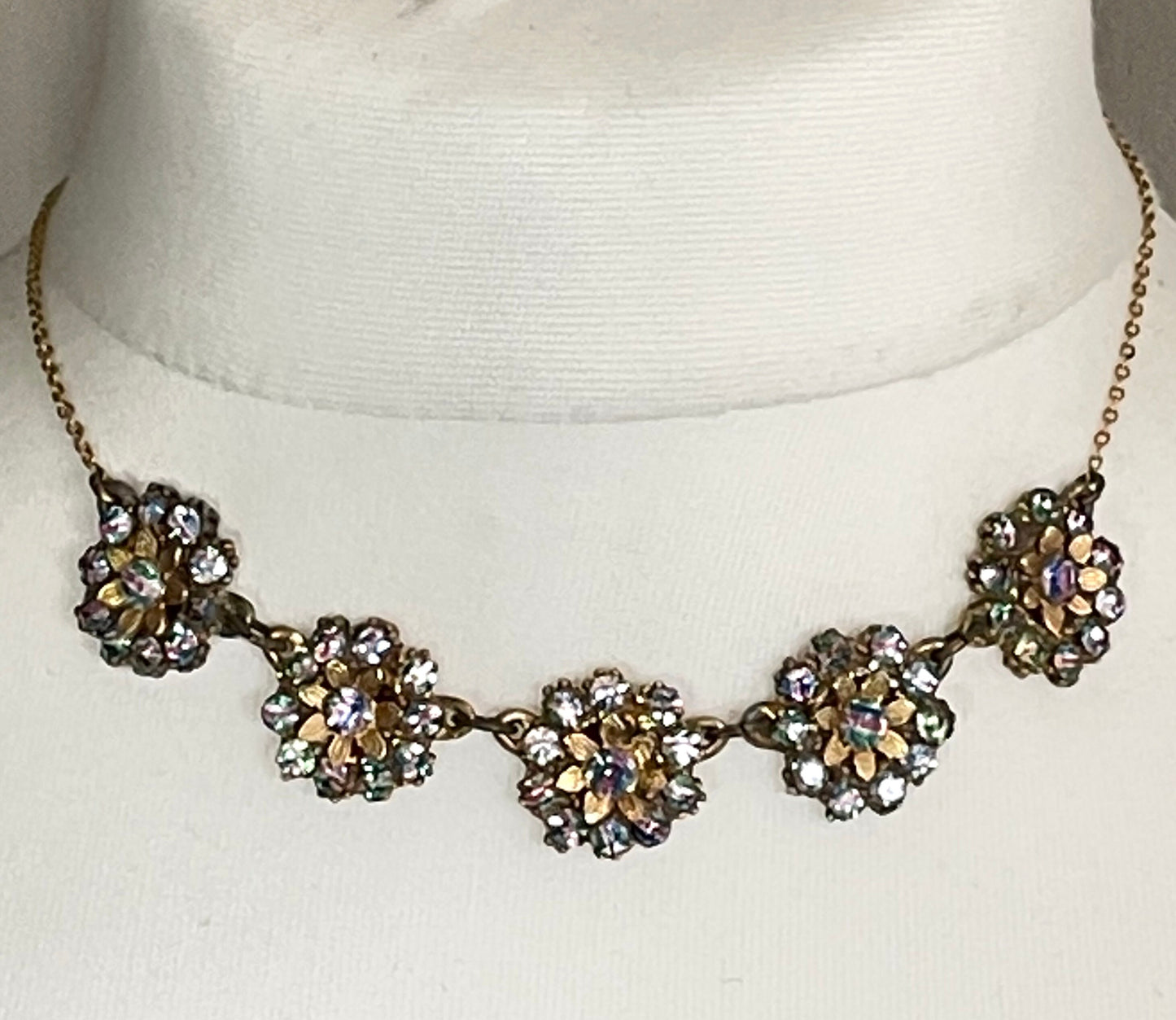 Vintage Art Deco iris glass intricate floral Czech necklace with gold tone settings and leaf designs, lovely heavy quality