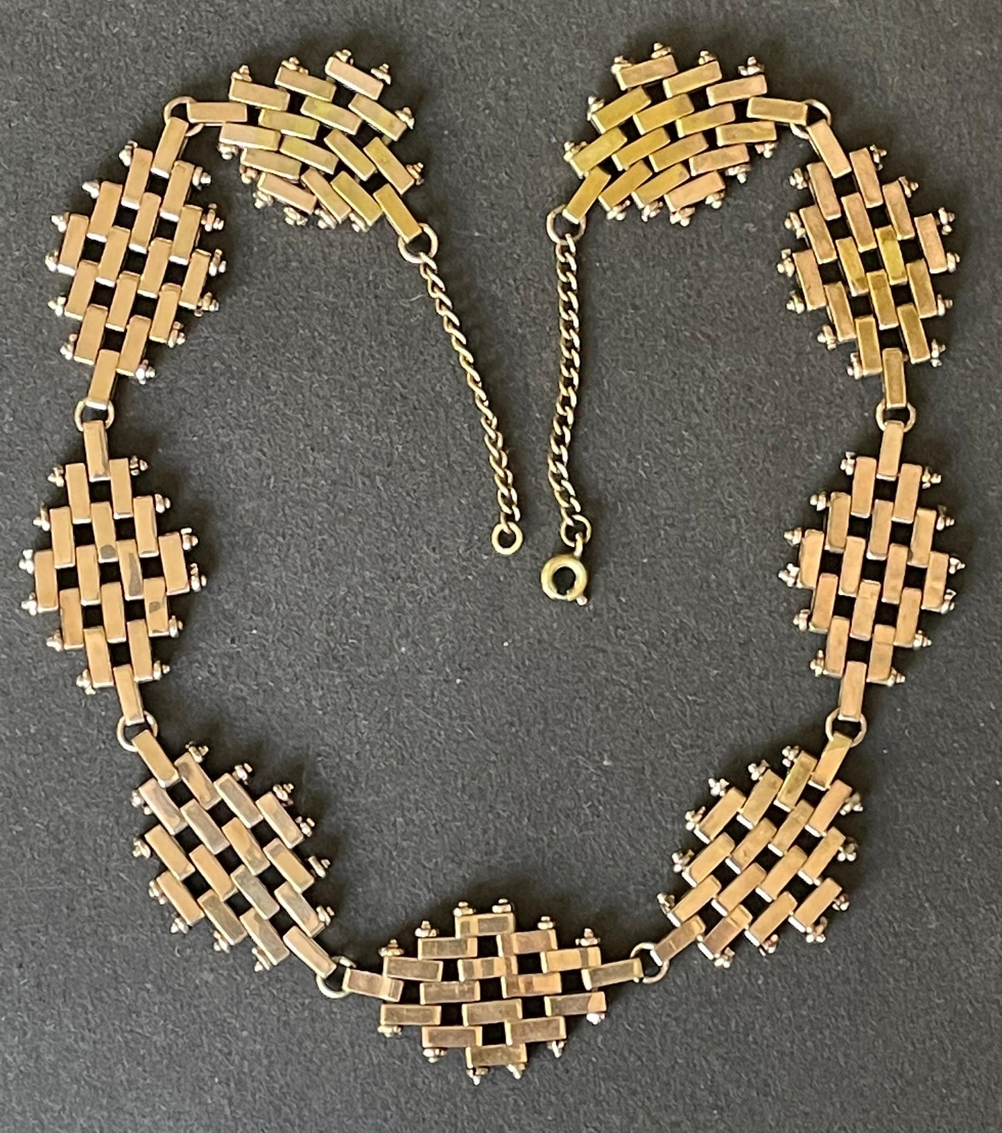 Vintage Jakob Bengel Art Deco brickwork / mauerwerk machine age gold tone choker necklace, geometric design