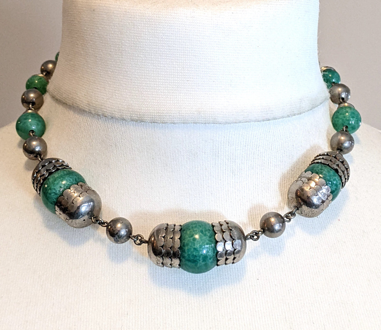 Vintage Jakob Bengel Art Deco machine age silver tone / chrome and green glass bead heavy geometric statement necklace