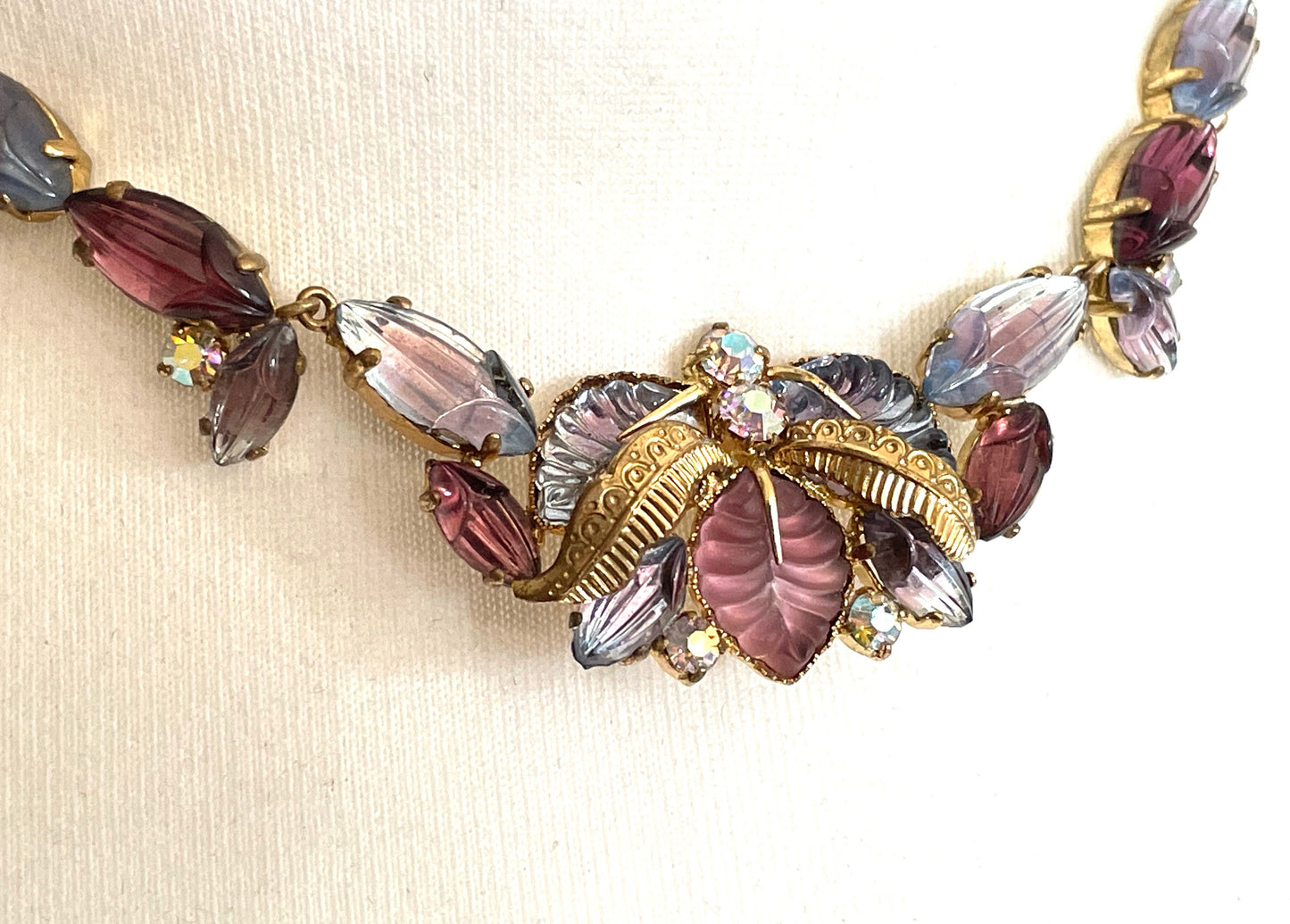 Vintage pink, purple and blue moulded / poured glass and rhinestone necklace with bi-colour stones, tutti frutti style, flower and leaf