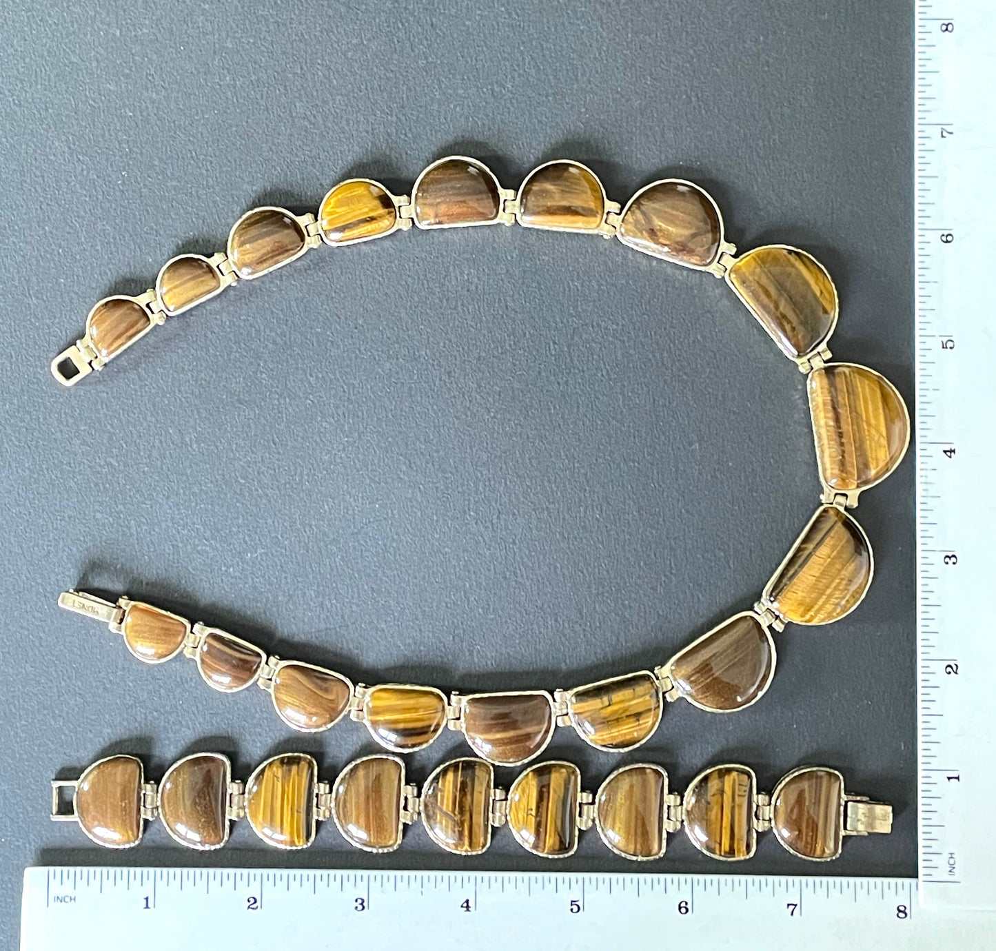 Vintage signed Monet necklace and bracelet set beautiful tigers eye gemstone half moon cabochon Art Deco design