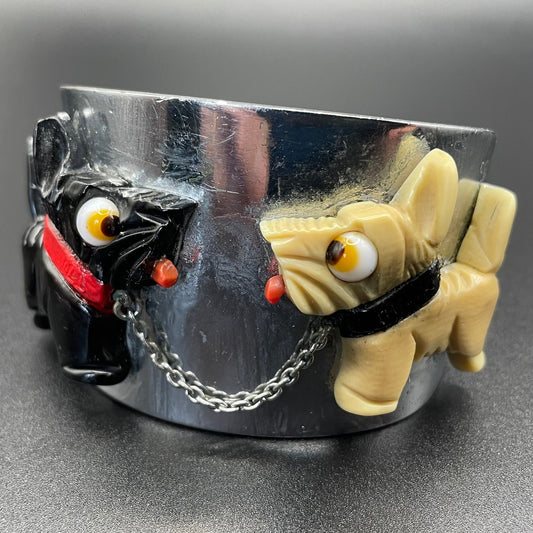 Vintage Art Deco machine black and white terrier dog bangle by Albert Flamand (signed) - chrome, early plastic and colourful enamel paint