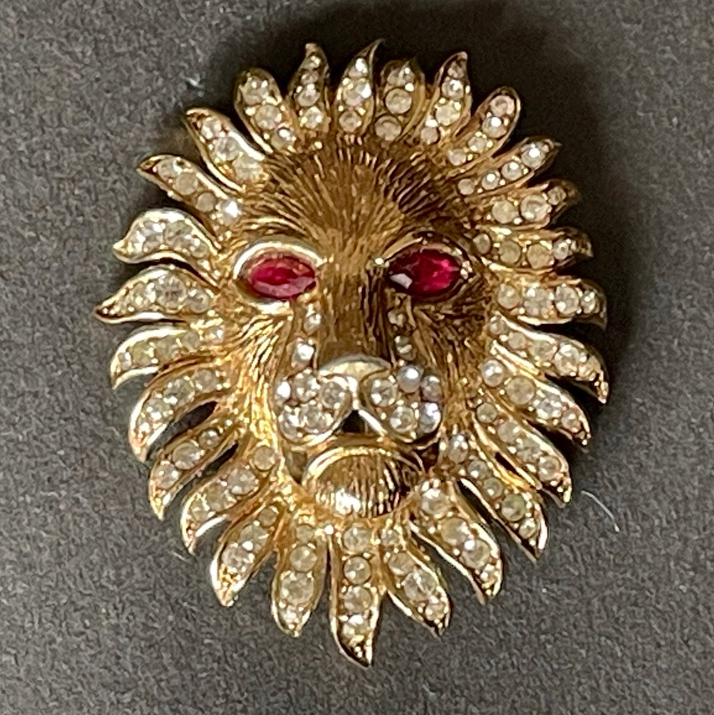 Vintage Attwood and Sawyer (A&S) large rhinestone lion brooch - signed, gold-plated, unusual ruby red rhinestone eyes