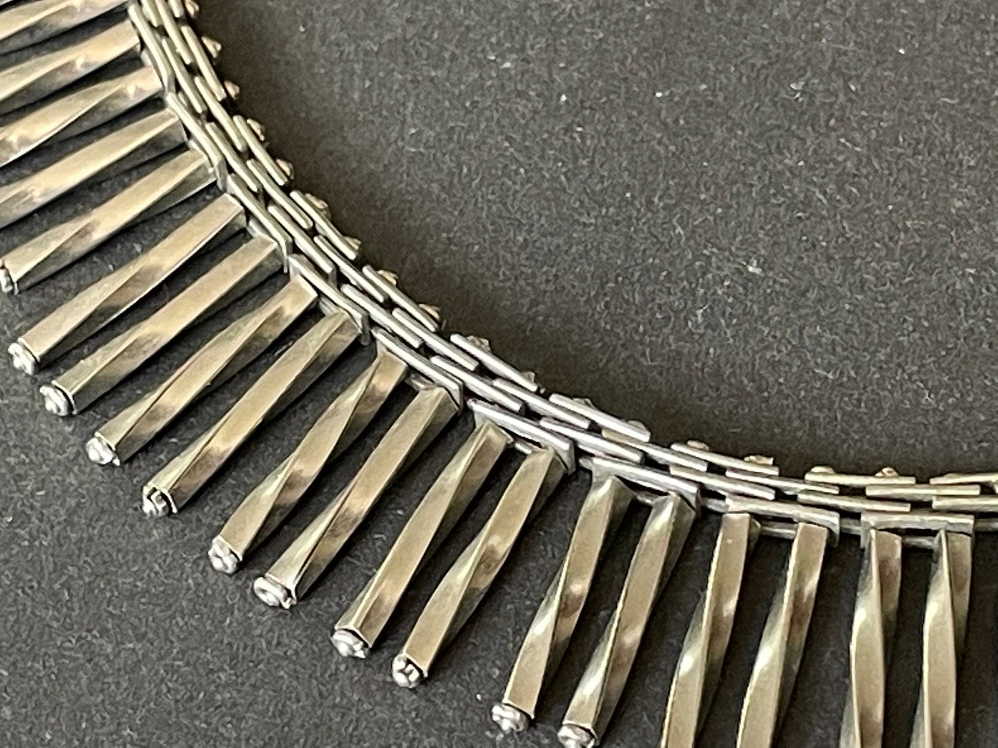 Vintage Jakob Bengel Art Deco machine age chrome mid-length fringe necklace, extremely rare design, beautiful workmanship