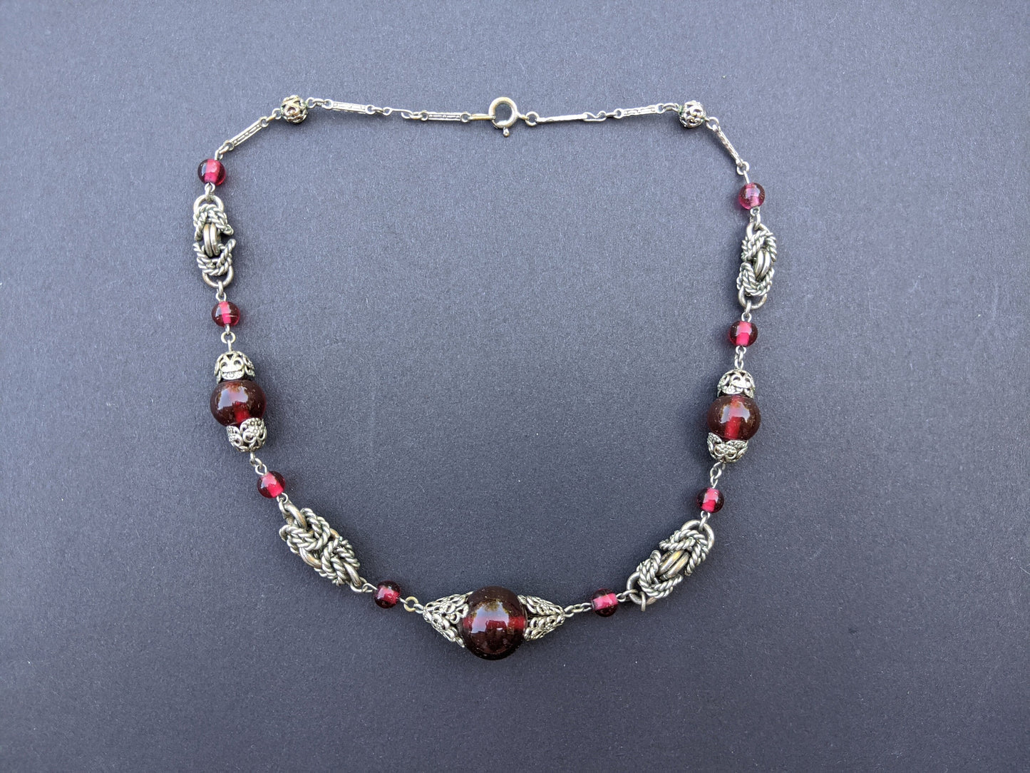 Vintage Art Deco red glass and chrome machine age necklace - Jakob Bengel attributed