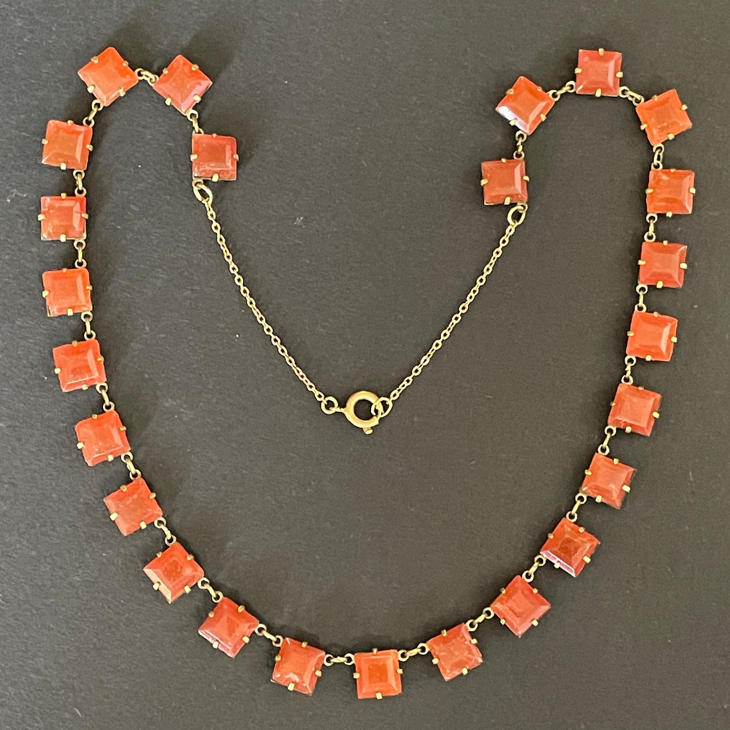 Vintage Art Deco uranium glass Carnelian coloured square stone riviere necklace, bezel set, open backed, vibrant orange and gold tone