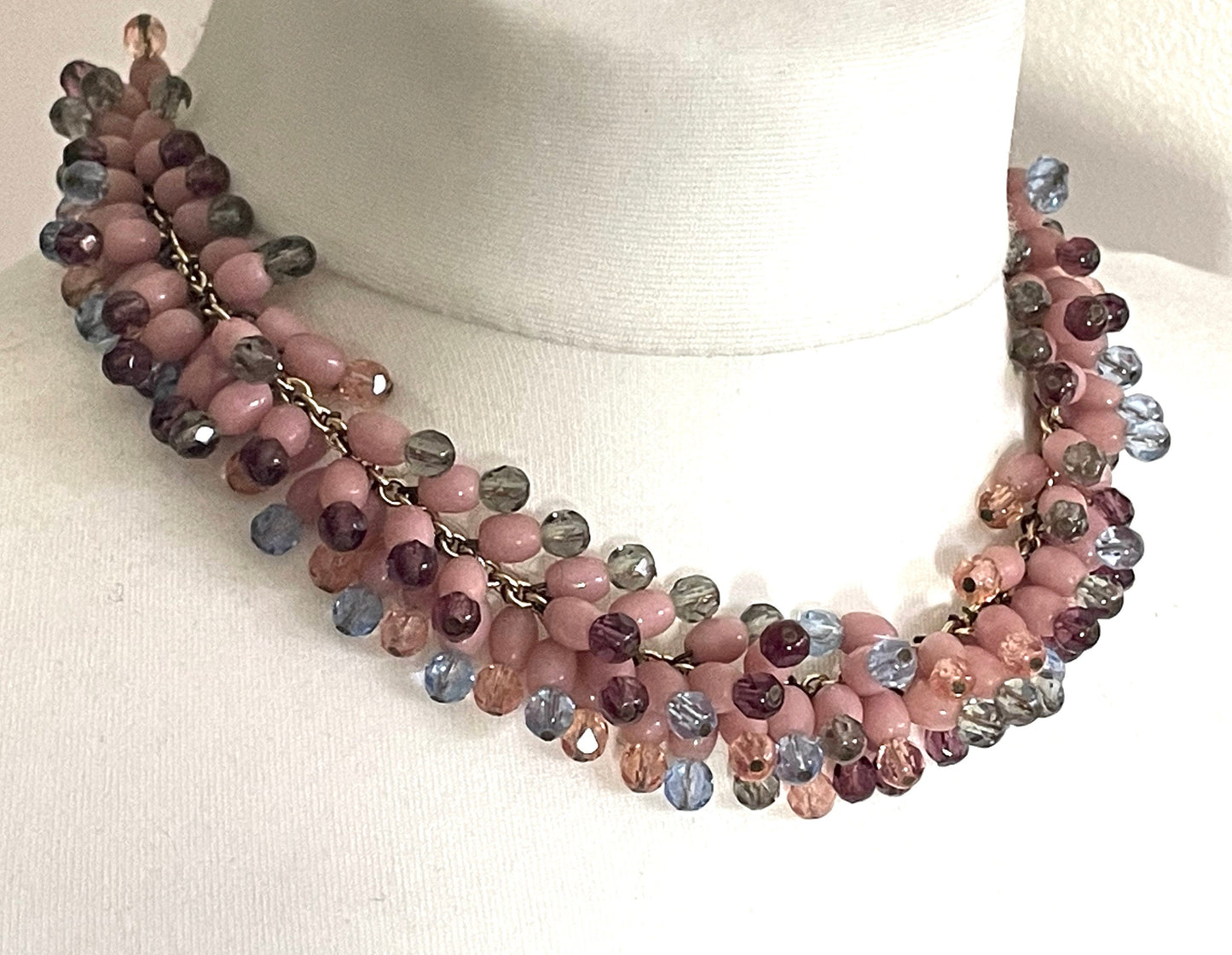 Heavy vintage baby pink, dark pink, grey and blue glass bead and Austrian faceted crystal bead fringe necklace with gold tone chain