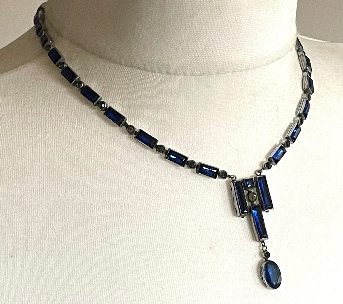 Vintage / antique Bristol blue and clear paste collet set crystal, silver plated riviere lariat necklace with baguette stones