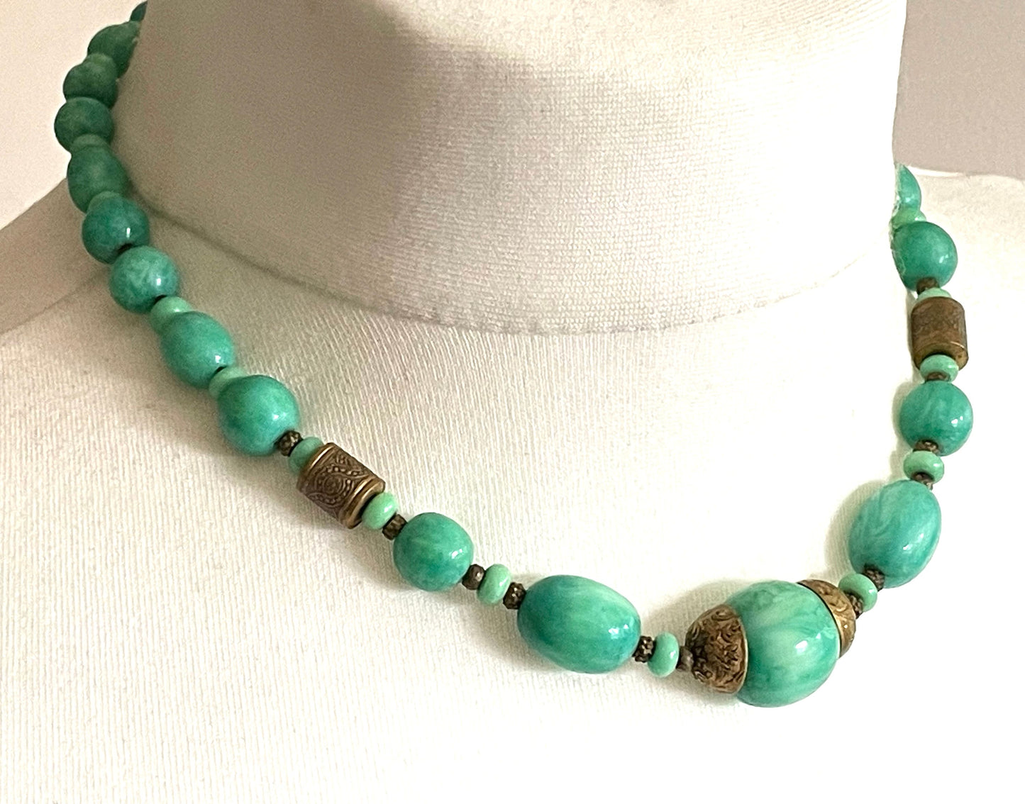 Vintage Louis Rousselet Art Deco green Peking style glass and ornate gold tone bead necklace, Made in France beehive clasp, foxtail chain