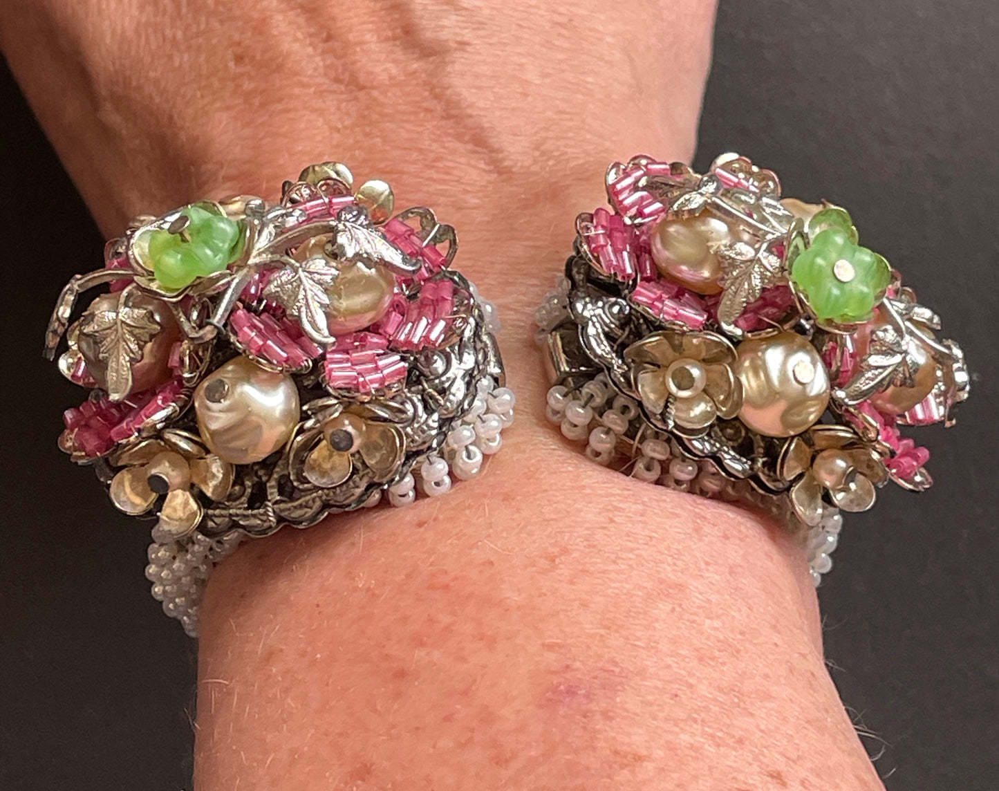 Vintage elaborate glass beaded floral clamper bangle with intricate micro beading and silver tone filigree, pink, green, white & faux pearl