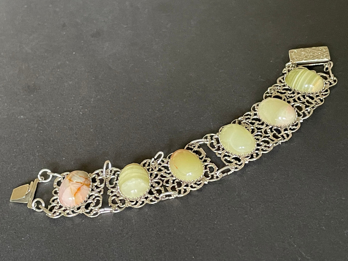 Vintage Giuliano Fratti, Milan (GM) signed pale green marble cabochon designer bracelet, heavy stones in silver tone filigree settings