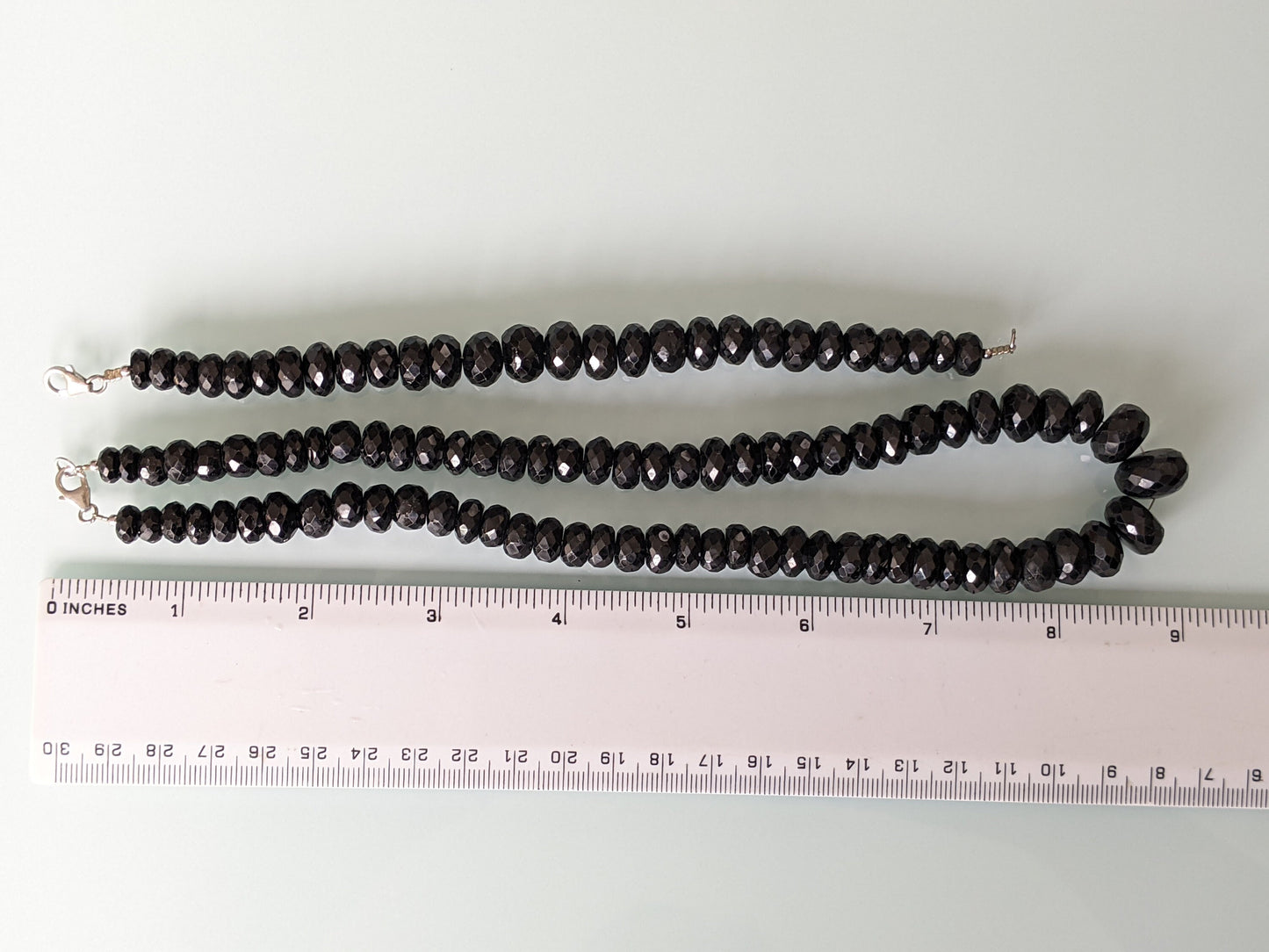 Vintage heavy black onyx gemstone beaded necklace and bracelet set, fabulous large gemstone beads, hand-faceted, sterling silver clasps