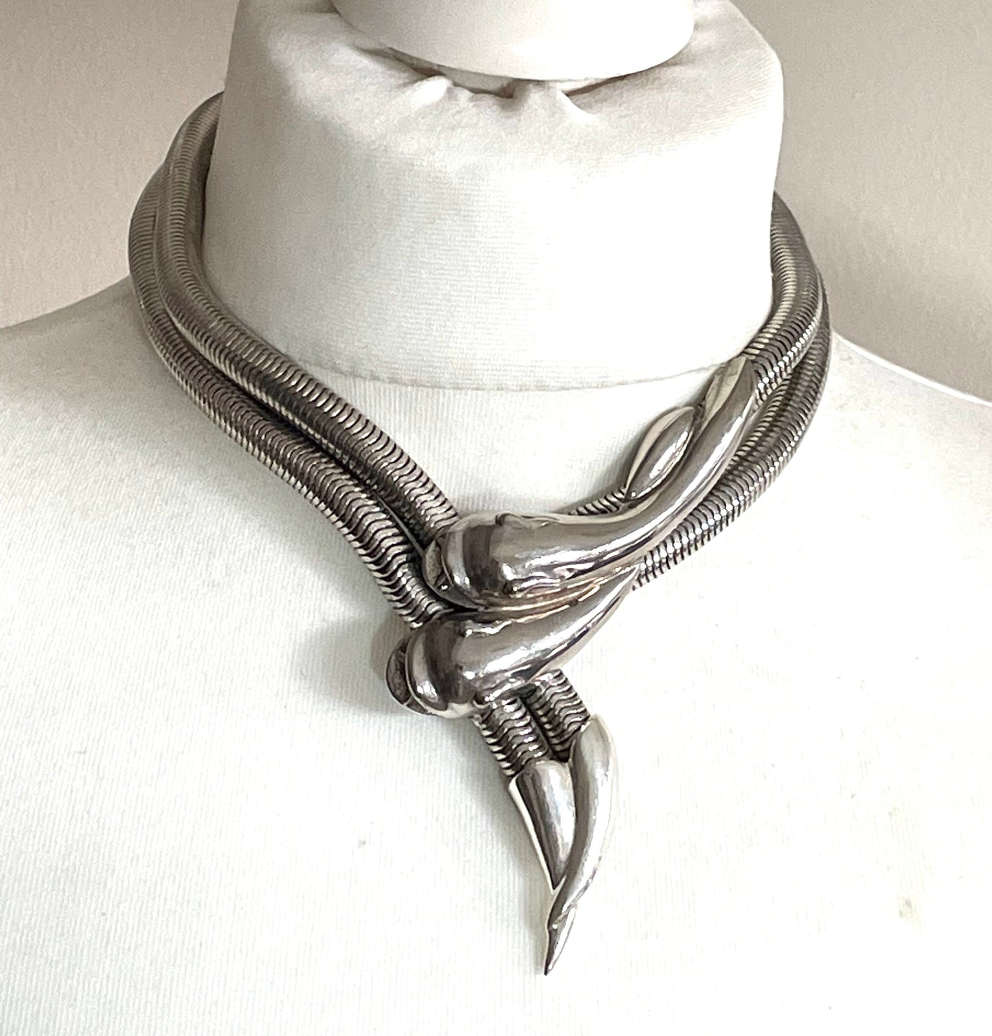 Vintage Butler and Wilson B&W huge and heavy signed snake / serpent / eel design silver tone chrome statement necklace and brooch set