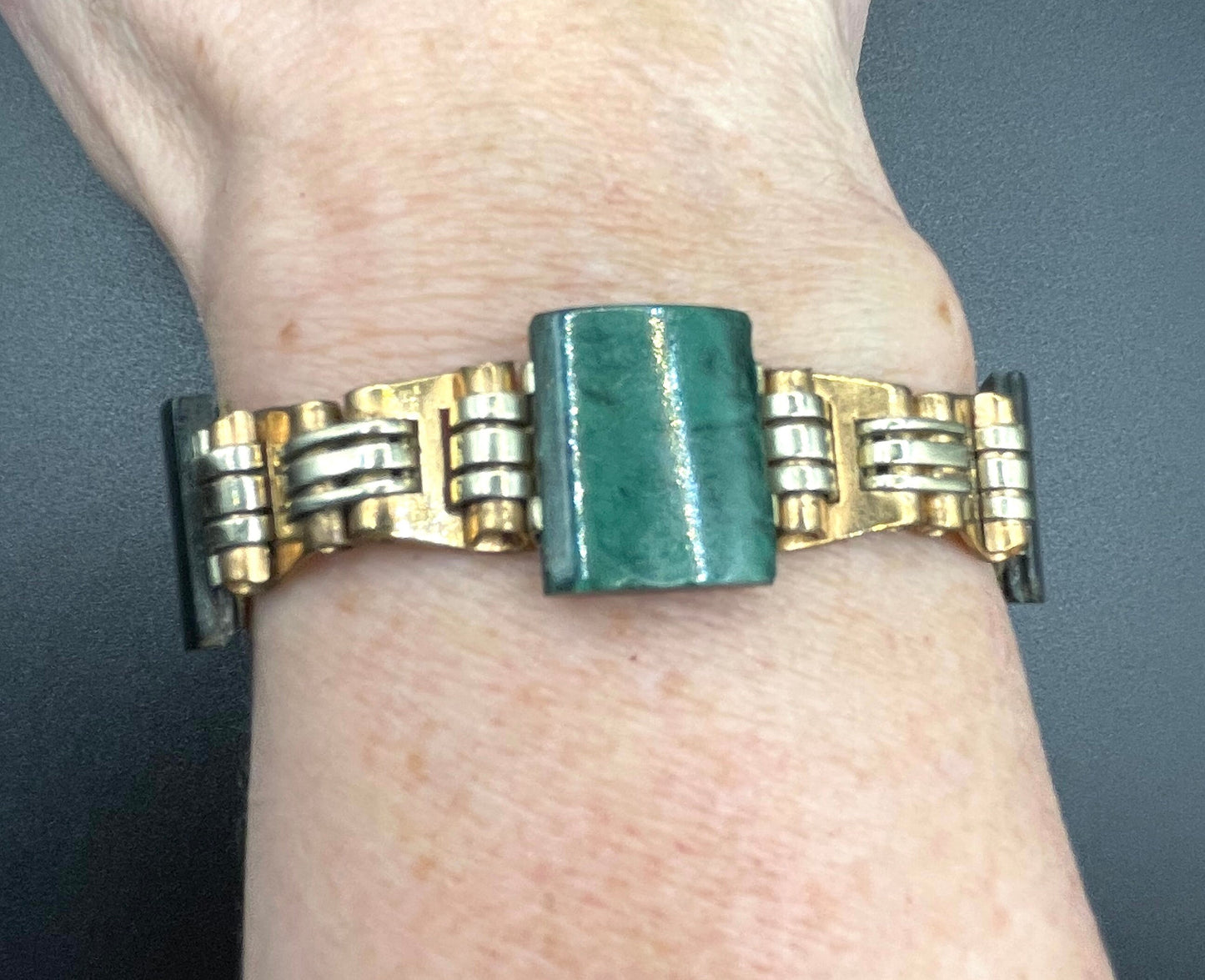 Vintage Jakob Bengel Art Deco machine age chrome, copper tone and marbled, deep green galalith panel bracelet