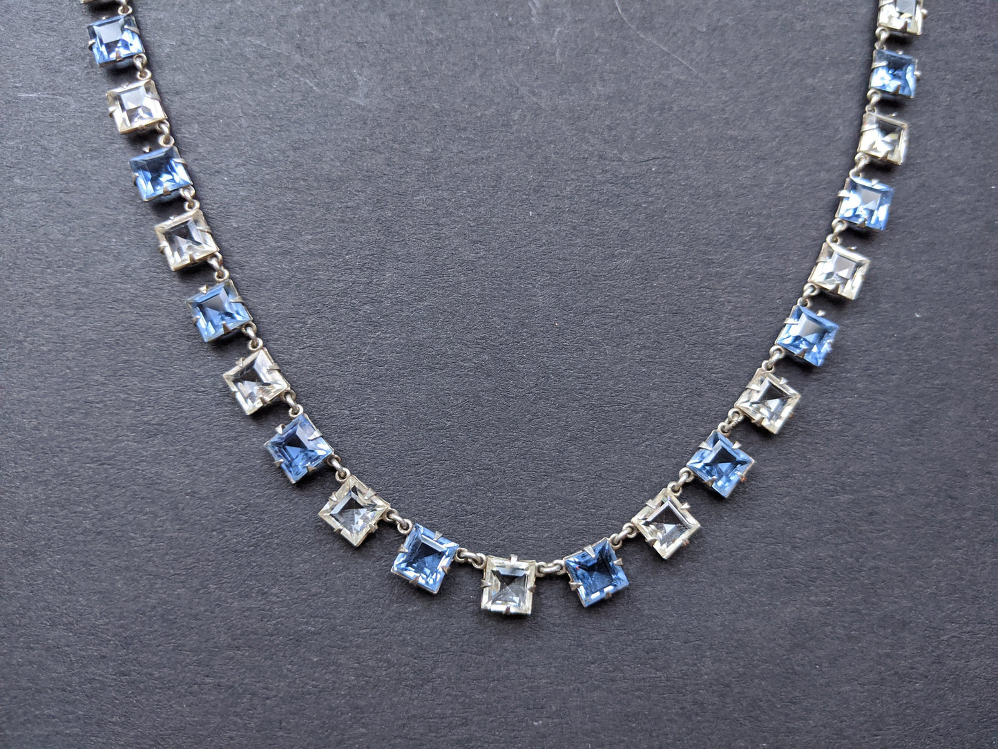 Vintage Art Deco sapphire blue crystal & clear paste riviere necklace bezel set, open backed, square / princess cut crystals, free earrings!