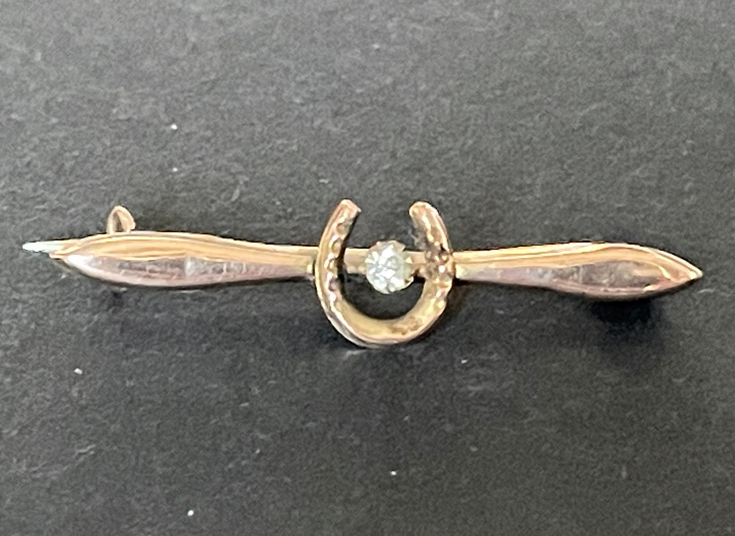 Antique 9ct gold and clear stone horseshoe bar brooch, gorgeous petite equestrian pin, yellow and rose gold hues