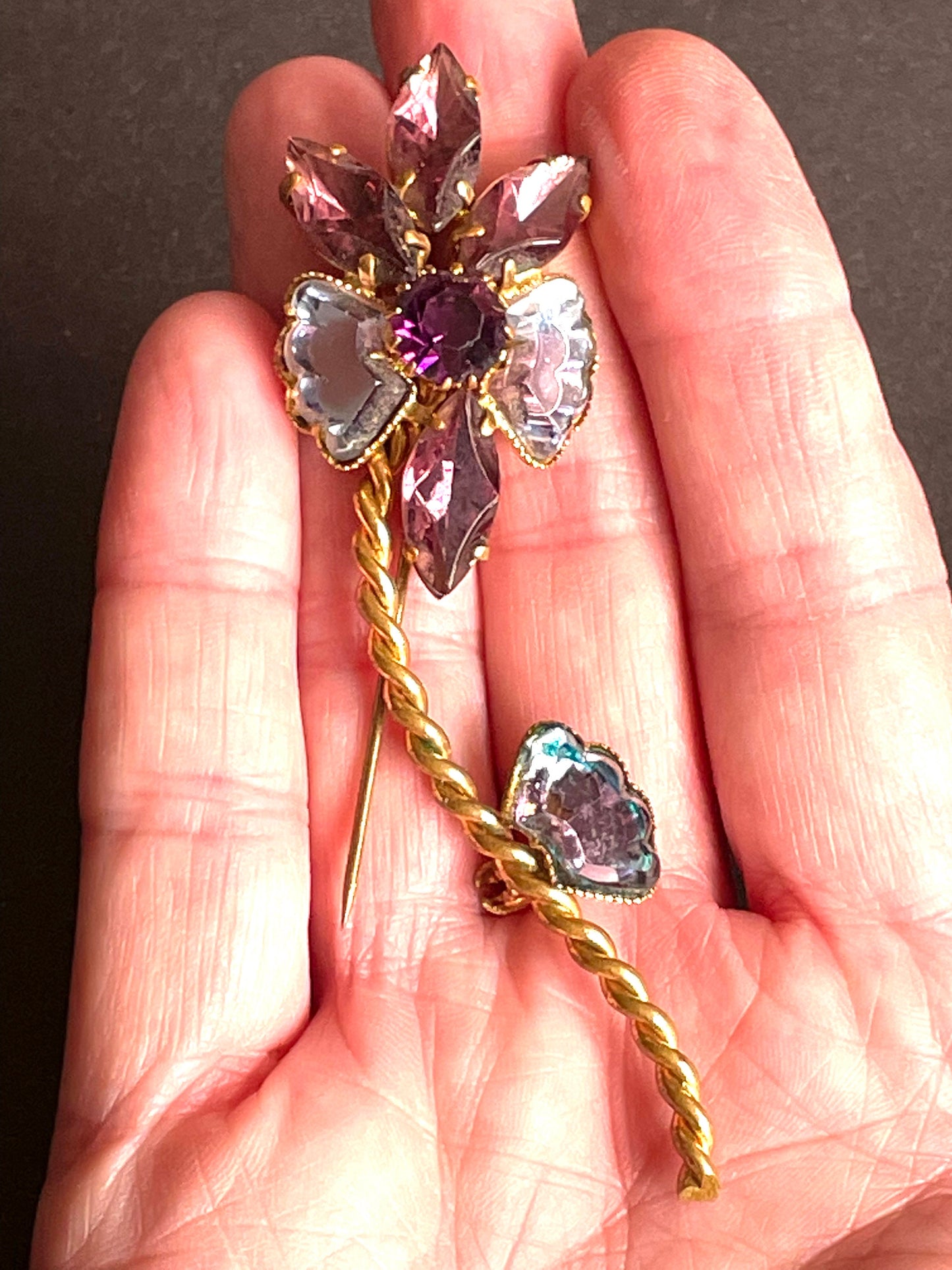 Vintage rhinestone / crystal bi-colour amethyst purple and blue flower brooch, vauxhall / mirror glass style in gold tone