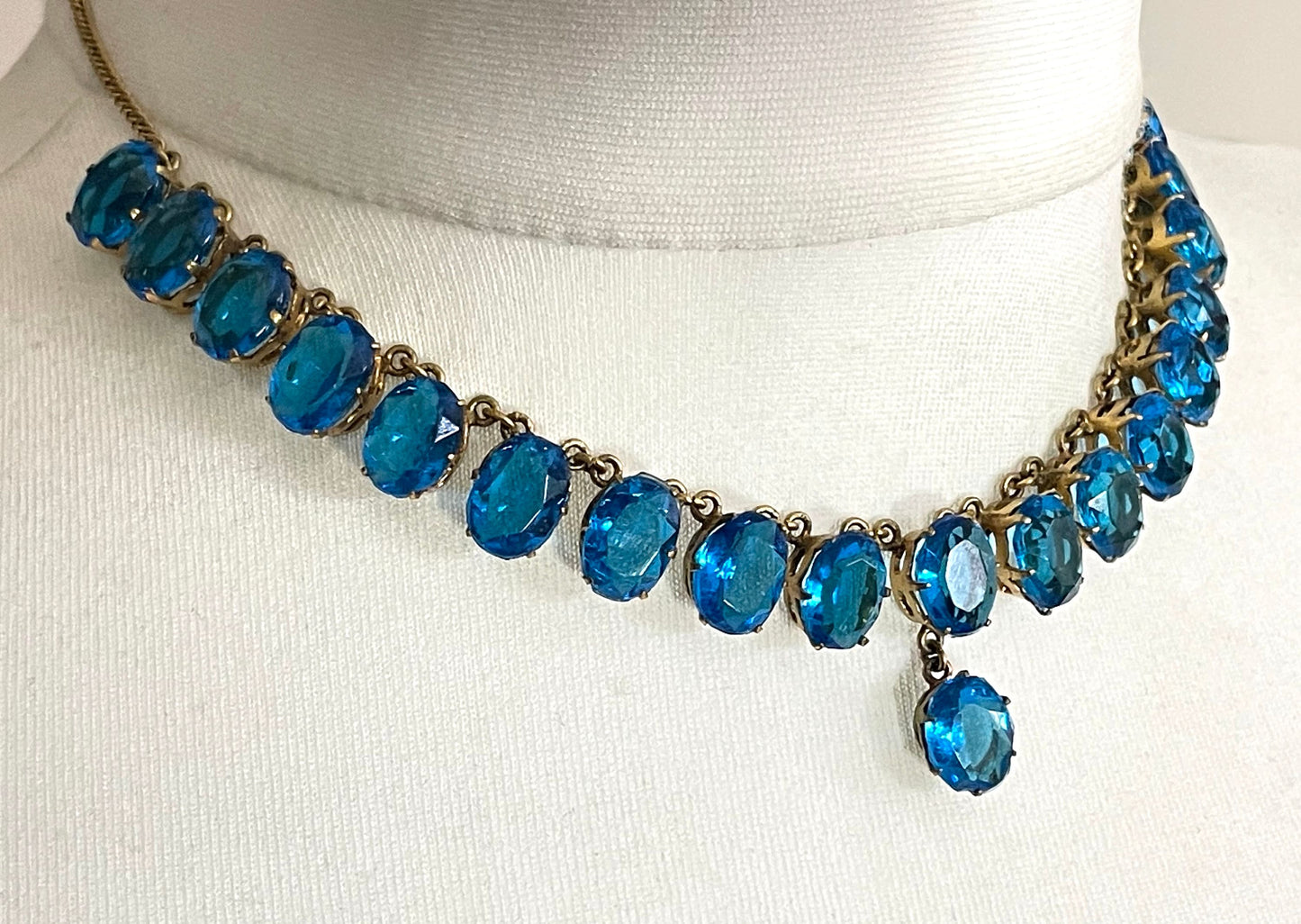 Antique Victorian bright sapphire blue paste riviere Y necklace, open backed large stones