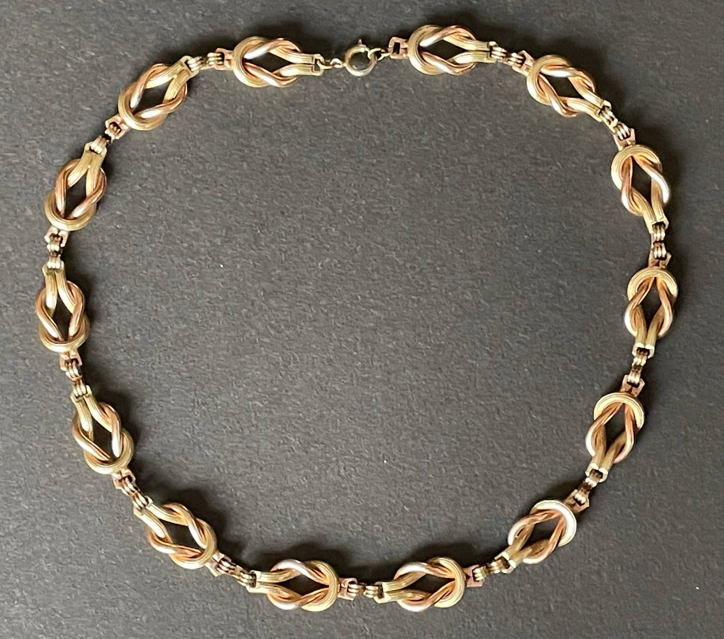 Vintage Art Deco reef knot necklace bi-colour 1/20 12K yellow / green and rose gold filled sterling silver, by GW in the 1930s