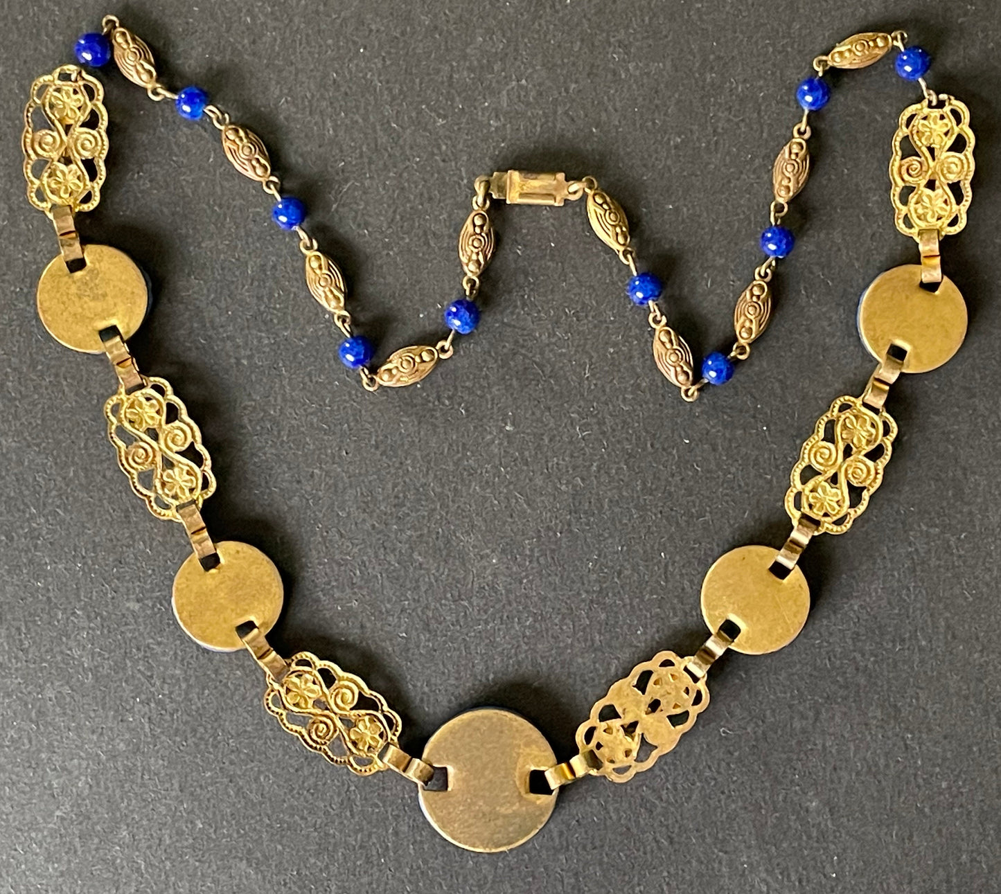 Vintage Art Deco Czech Max Neiger (?) blue lapis lazuli glass, colourful rhinestone & gold tone necklace, beautifully shaped stones