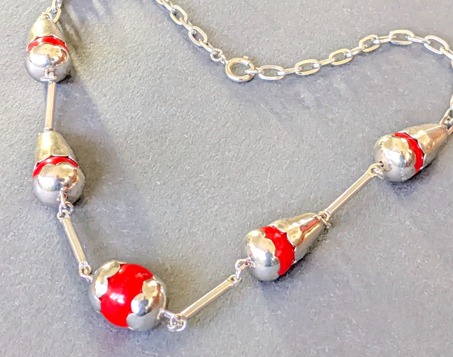 Vintage Jakob Bengel Art Deco machine age silver tone / chrome and bright red galalith bead chunky geometric statement necklace