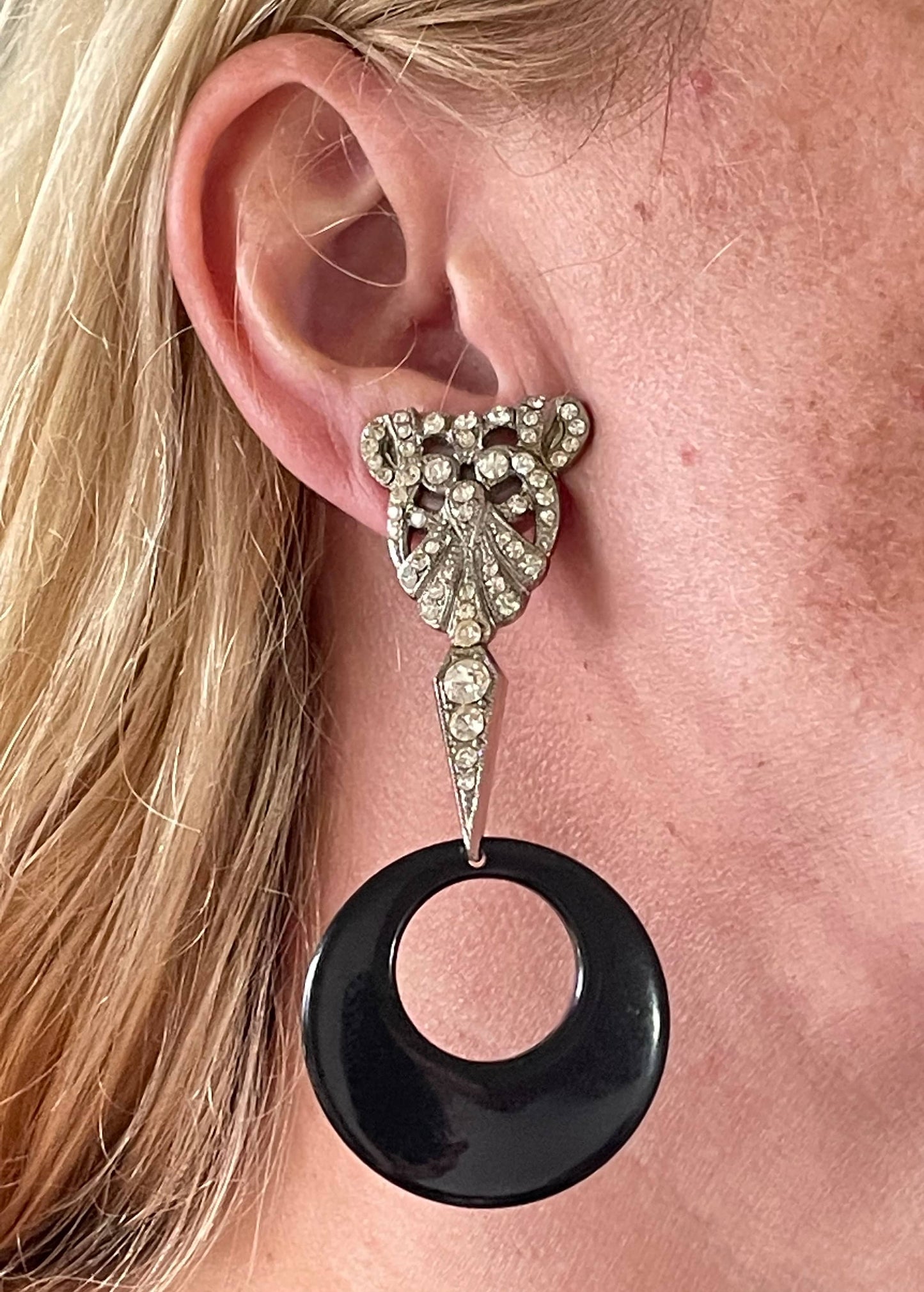 Vintage huge Art Deco rhinestone paste and geometric black circle silver tone drop clip on earrings