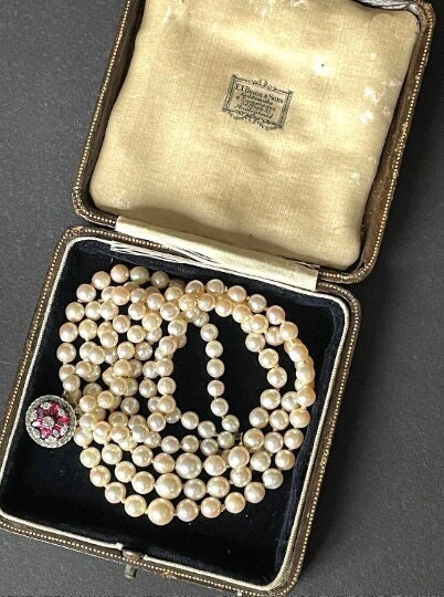 Antique / vintage real cultured pearl triple strand choker necklace, hand-knotted in box, pretty silver, ruby & clear paste box clasp 64g