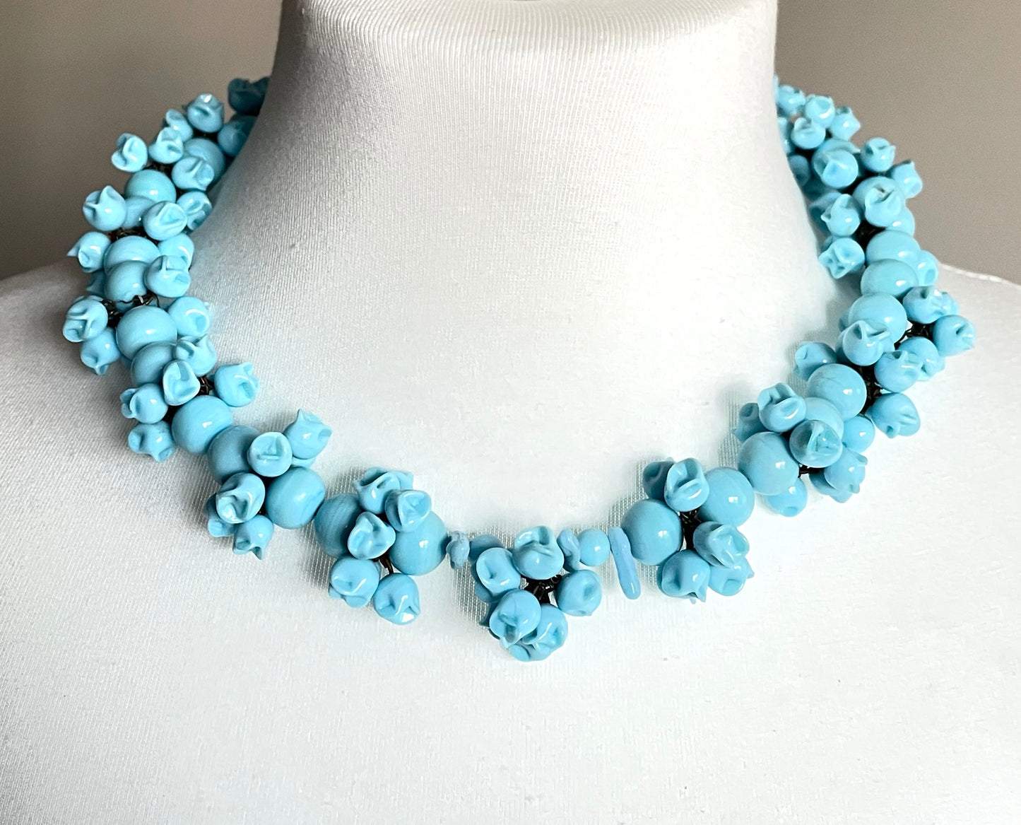 Large, heavy vintage baby blue poured or moulded milk glass beaded garland necklace