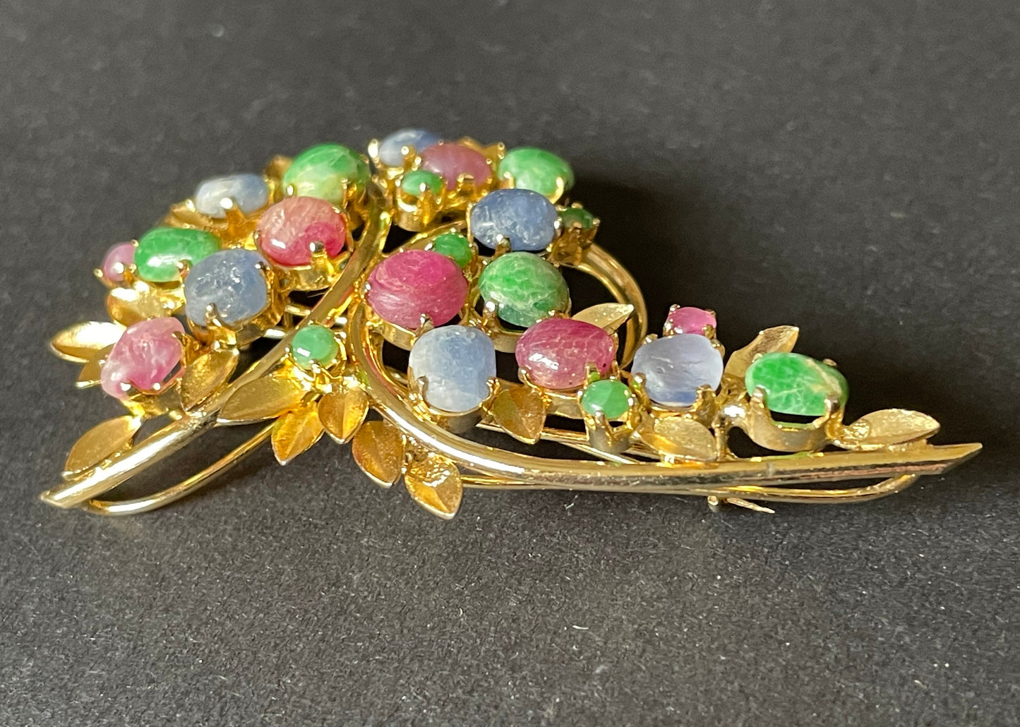 Large vintage pastel colour gemstone cabochon floral spray bouquet brooch, delicate gold tone settings, raw ruby, emerald, sapphire