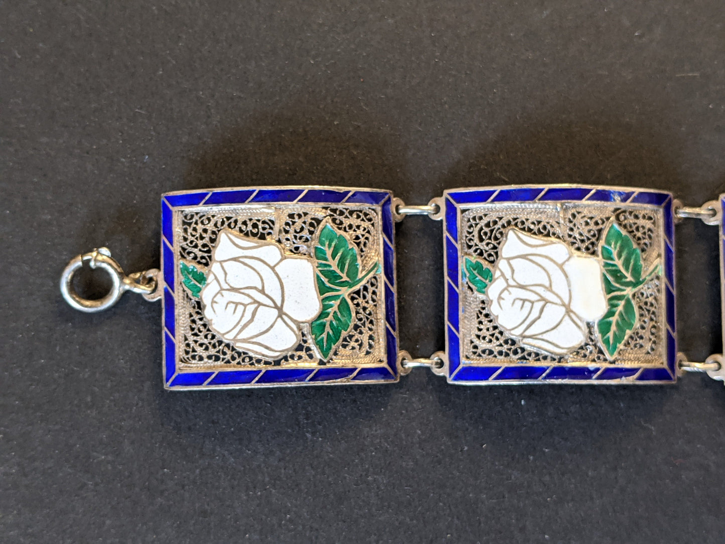 Vintage / antique fine sterling silver (tested) and white, green and blue enamel bracelet - floral rose panels, filigree silver