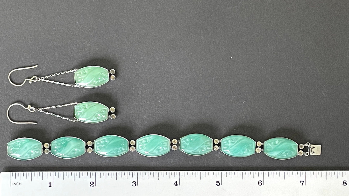 Vintage Art Deco, moulded green faux jade glass, collet set paste rhinestone and silver tone 1930s panel bracelet and drop earrings set