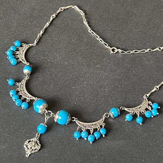 Vintage Indian sterling silver, real turquoise bead & filigree necklace, lovely festoon design with small paste pendant - Kashmiri?