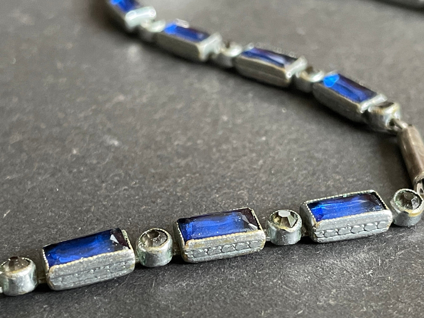 Vintage / antique Bristol blue and clear paste collet set crystal, silver plated riviere lariat necklace with baguette stones