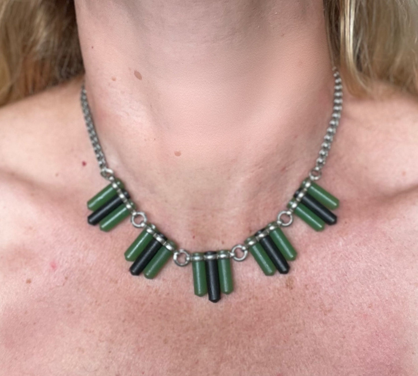 Vintage Jakob Bengel Art Deco machine age chrome with green and black galalith cylinders geometric necklace with snake chain, 1930s